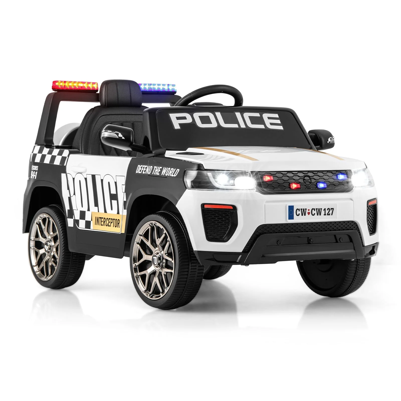 12V Kids Ride on Police Car with Remote and Siren Flashing Lights-White - Image 2