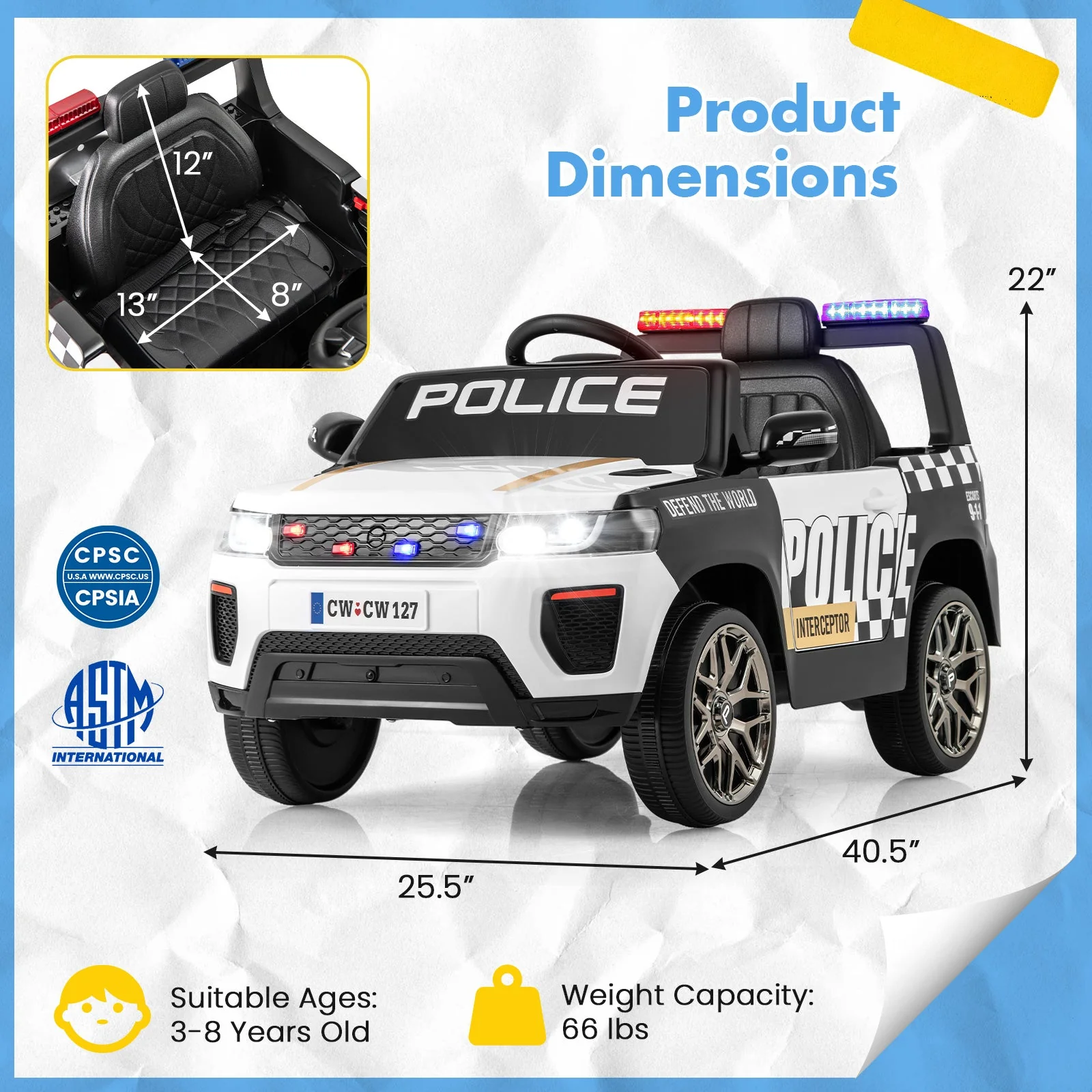 12V Kids Ride on Police Car with Remote and Siren Flashing Lights-White - Image 3