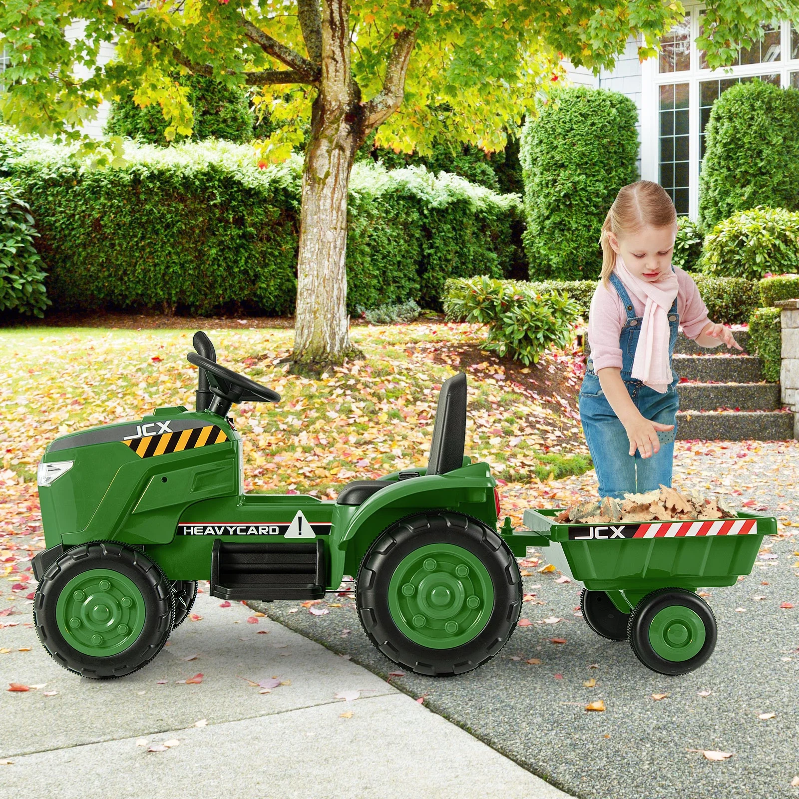 12V Kids Ride On Tractor with Trailer and Remote Control-Dark Green - Image 2