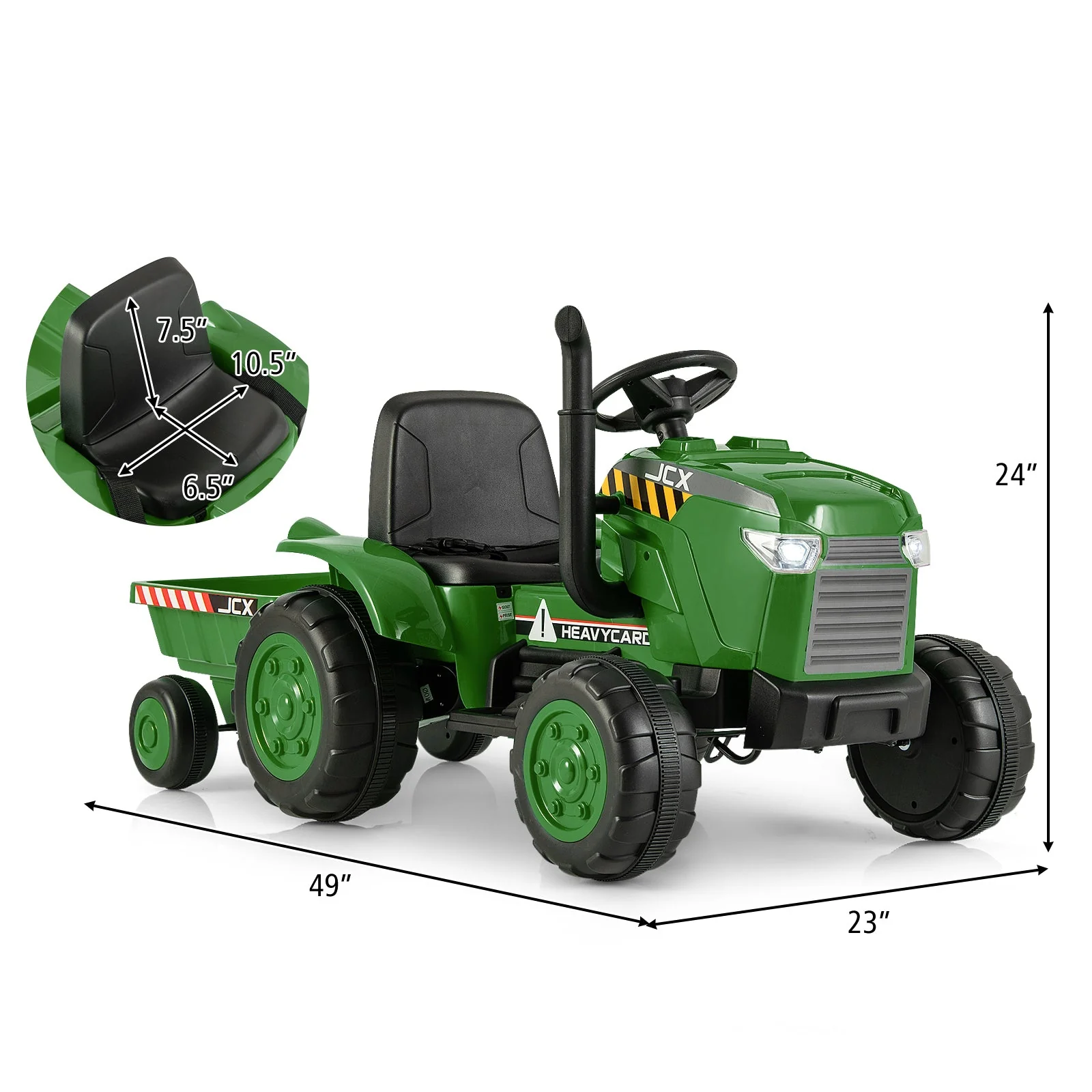 12V Kids Ride On Tractor with Trailer and Remote Control-Dark Green - Image 5