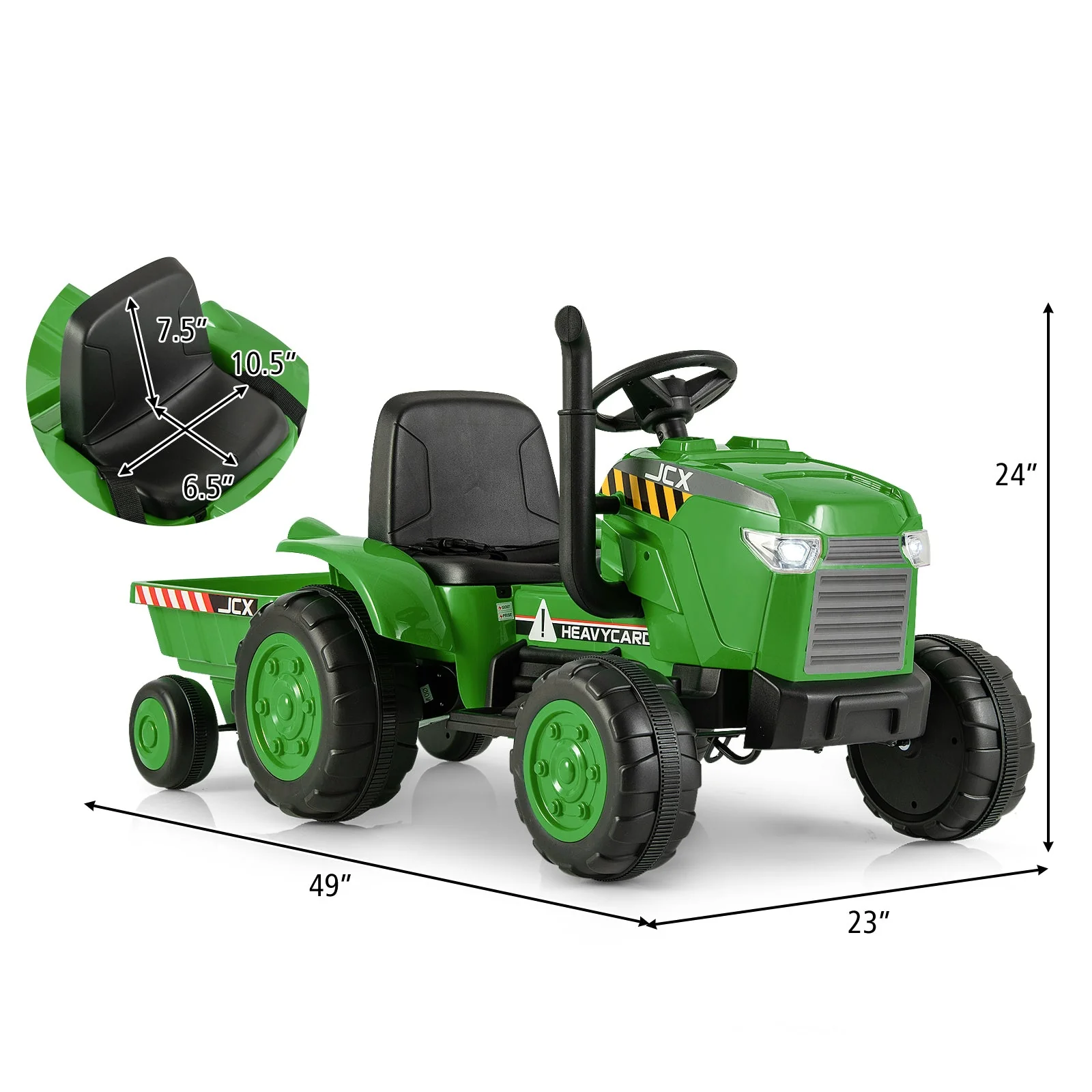12V Kids Ride On Tractor with Trailer and Remote Control-Green - Image 5