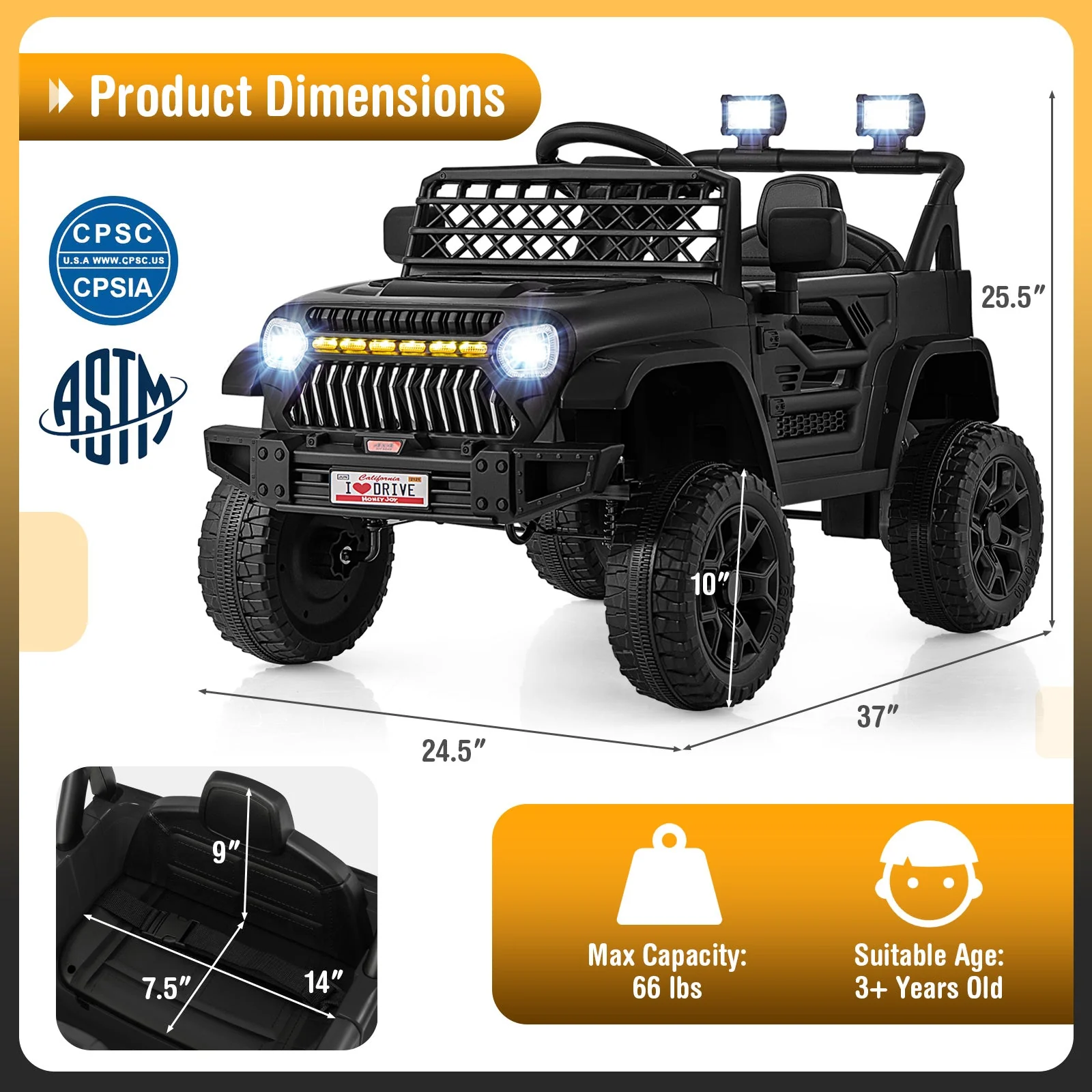 12V Kids Ride on Truck Car with Parental Remote and Music Player-Black - Image 4