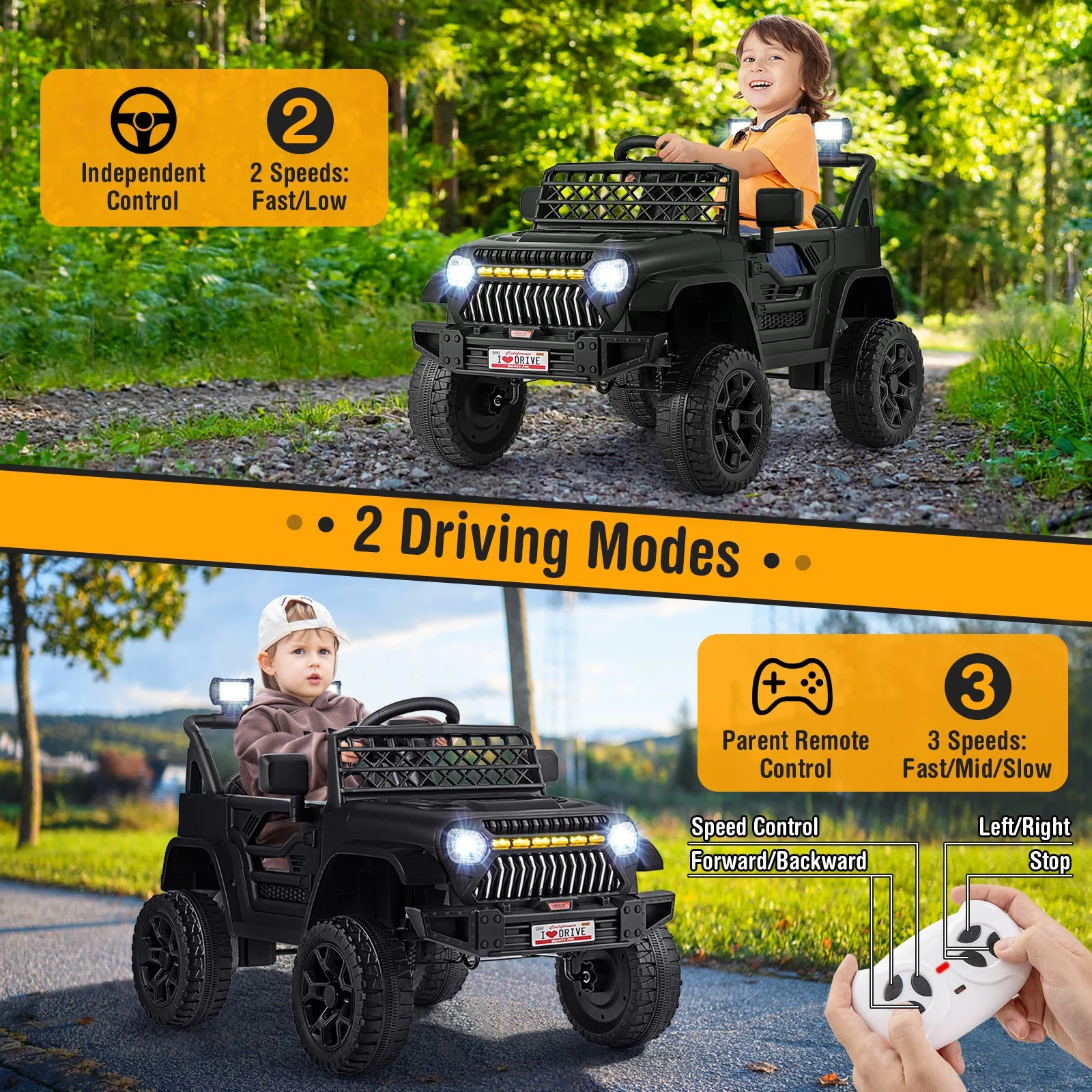 12V Kids Ride on Truck Car with Parental Remote and Music Player-Black - Image 6