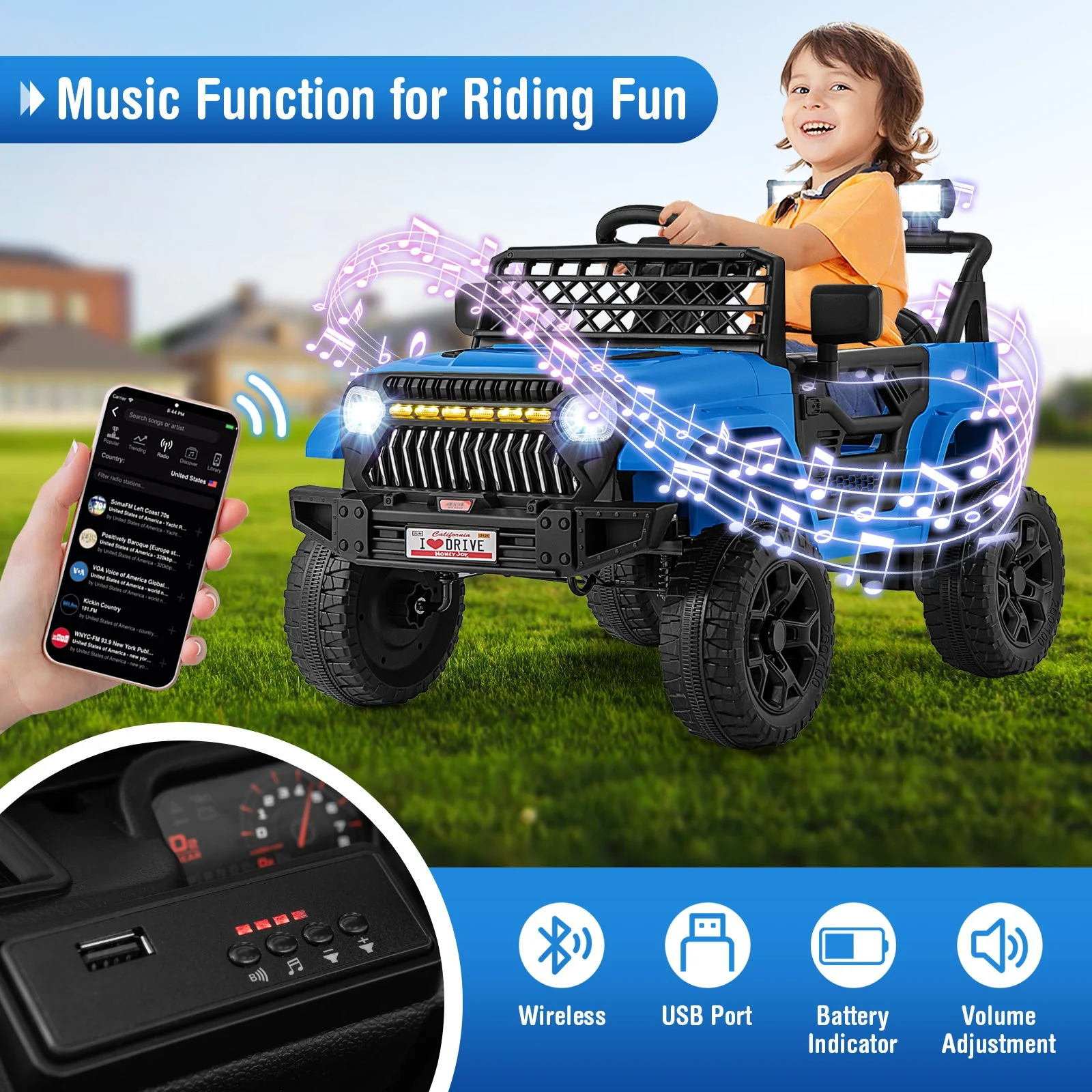 12V Kids Ride on Truck Car with Parental Remote and Music Player-Navy - Image 8