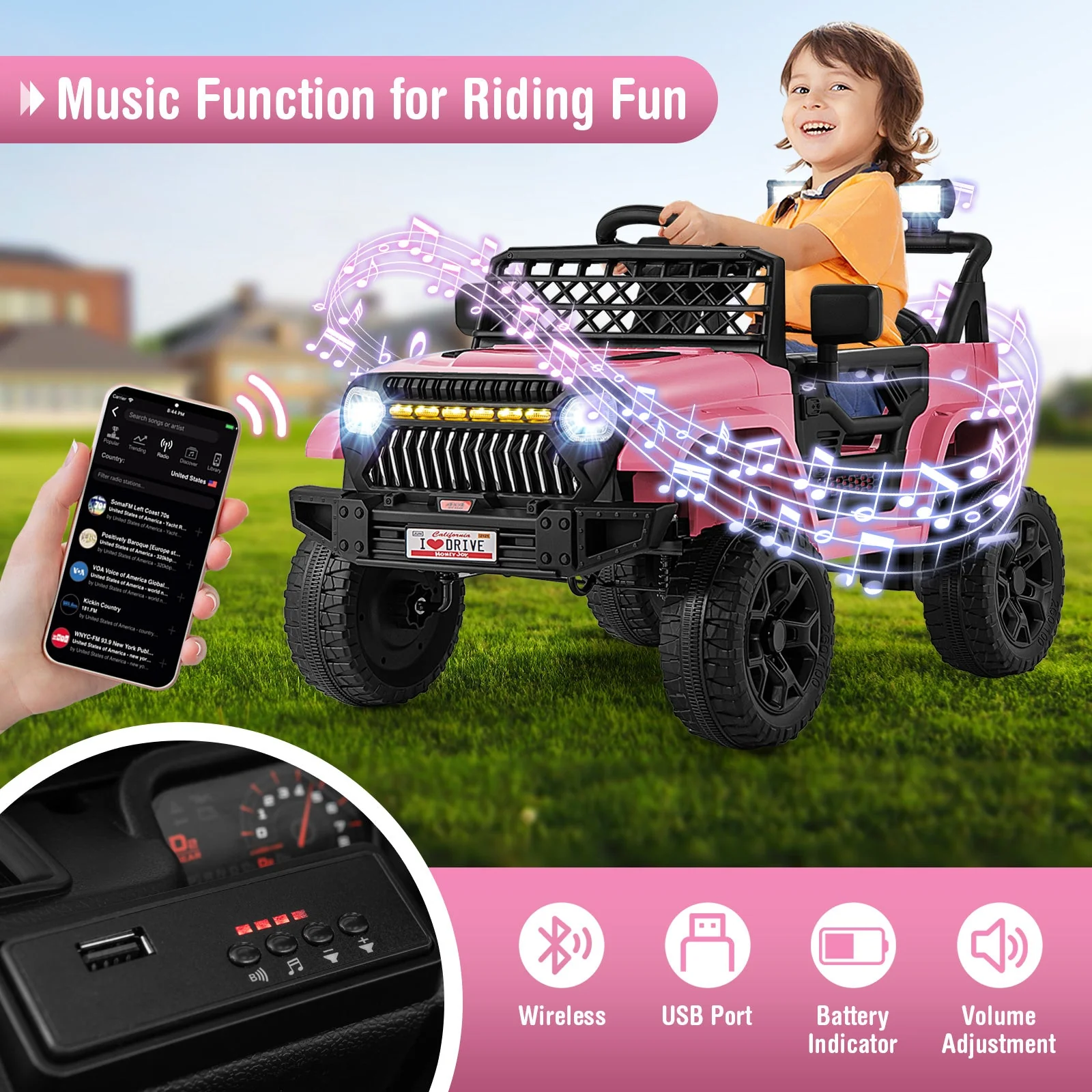 12V Kids Ride on Truck Car with Parental Remote and Music Player-Pink - Image 6