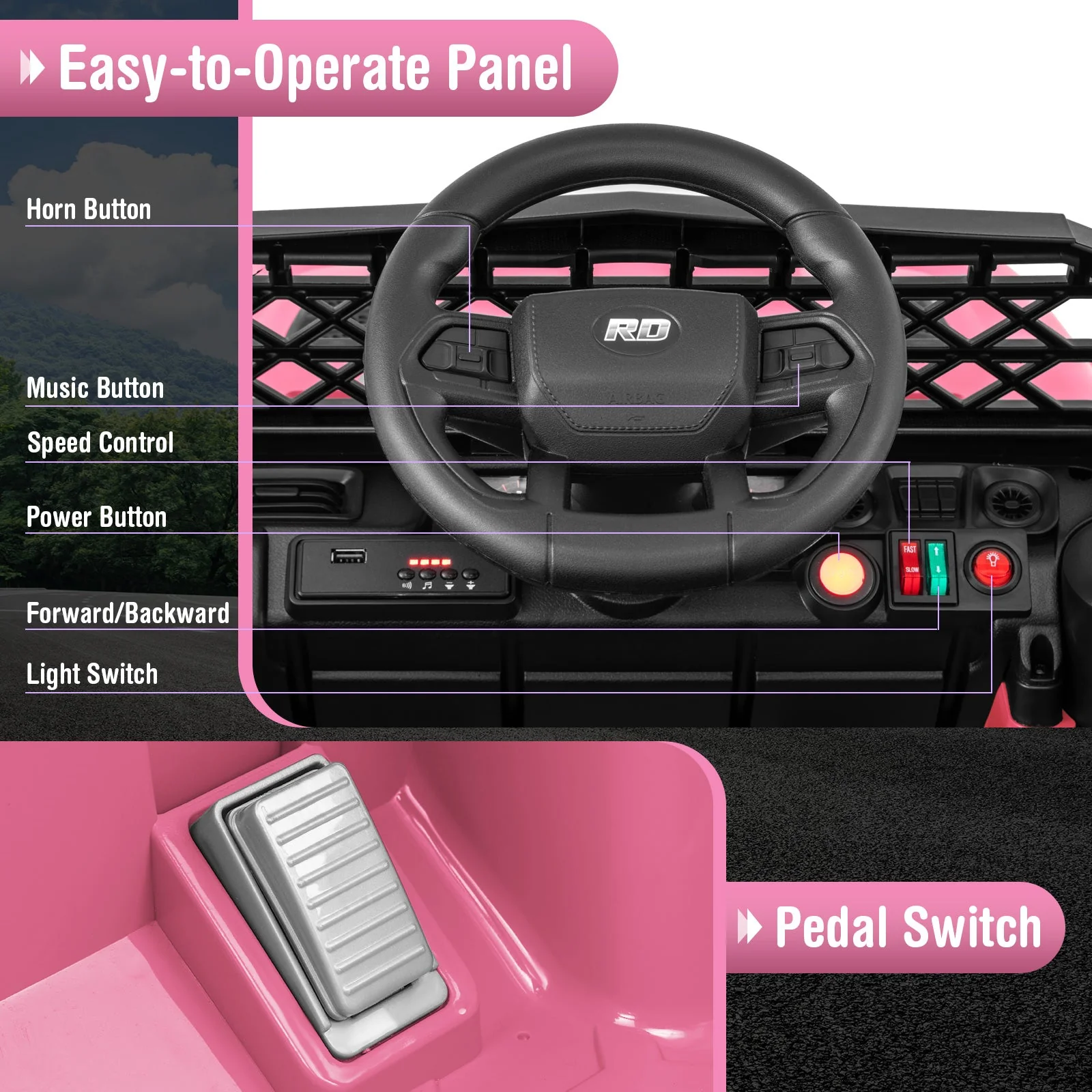 12V Kids Ride on Truck Car with Parental Remote and Music Player-Pink - Image 7