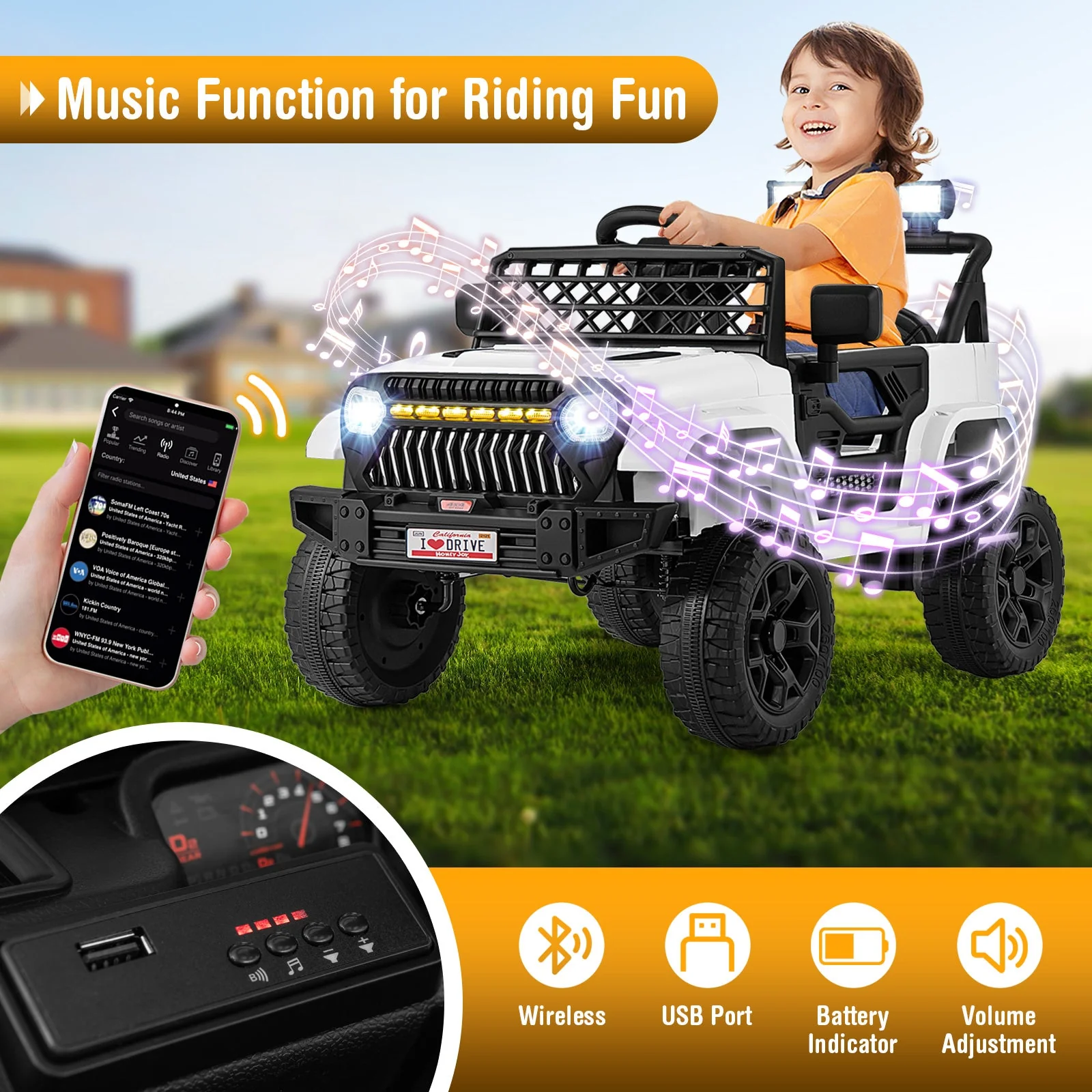 12V Kids Ride on Truck Car with Parental Remote and Music Player-White - Image 7