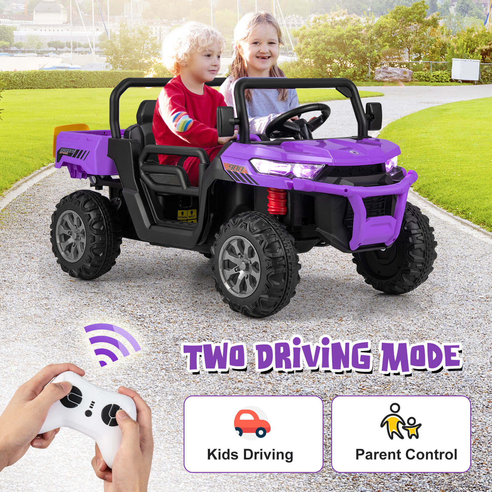 12V Kids Ride On Truck Car with Remote Control and 2 Seaters-Purple - Image 3