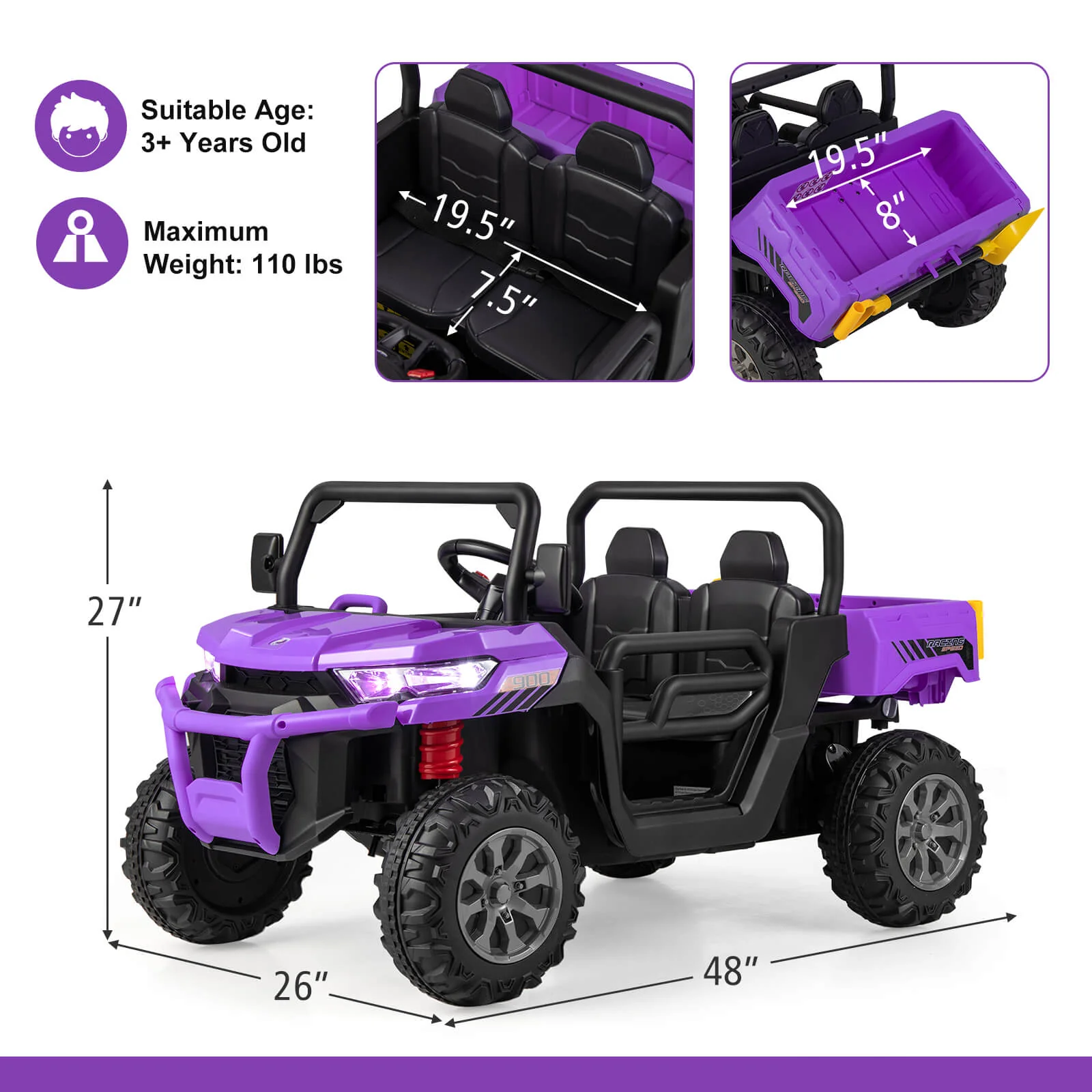 12V Kids Ride On Truck Car with Remote Control and 2 Seaters-Purple - Image 4