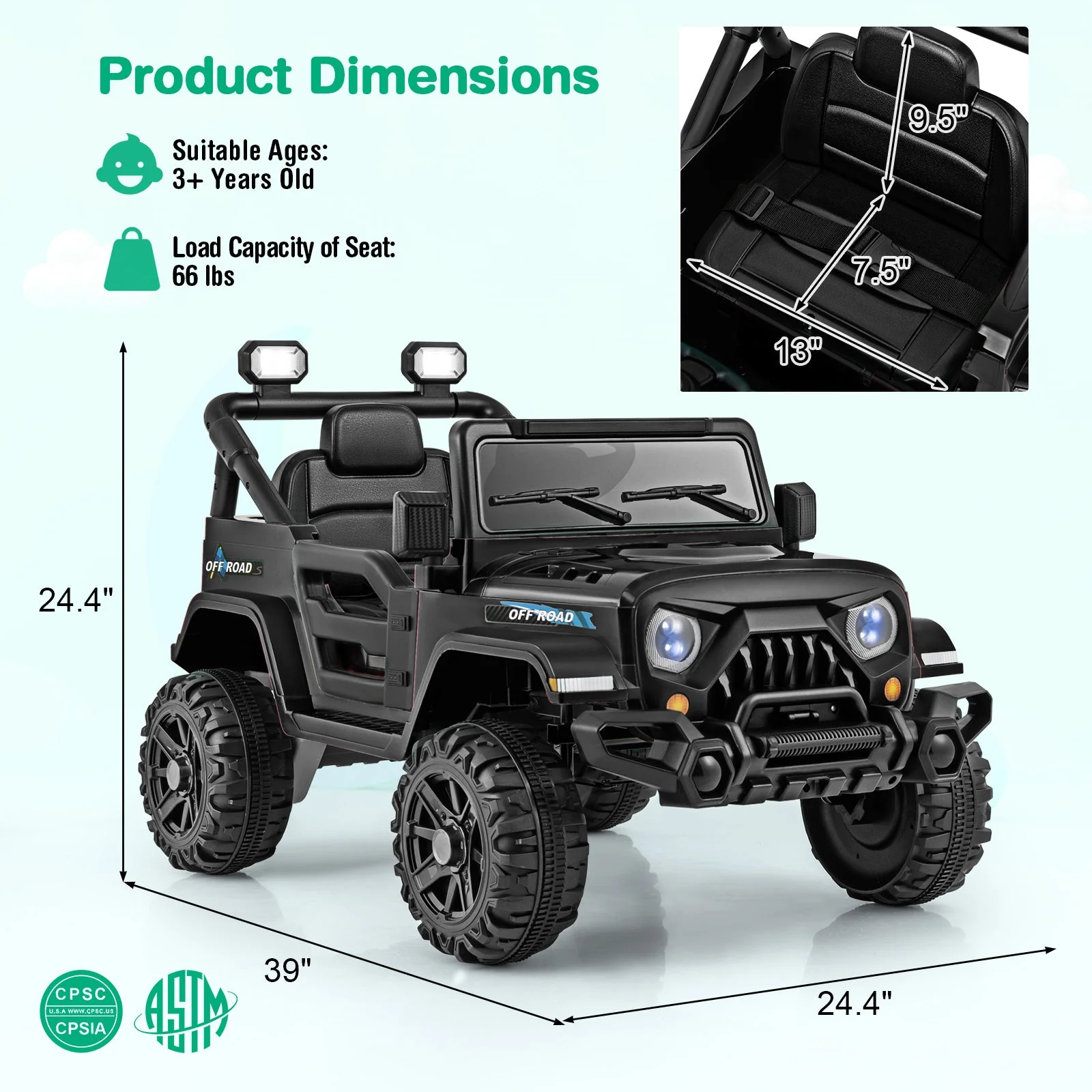 12V Kids Ride on Truck Car with Remote Control Threaded Wheels and 3 Speeds-Black - Image 5