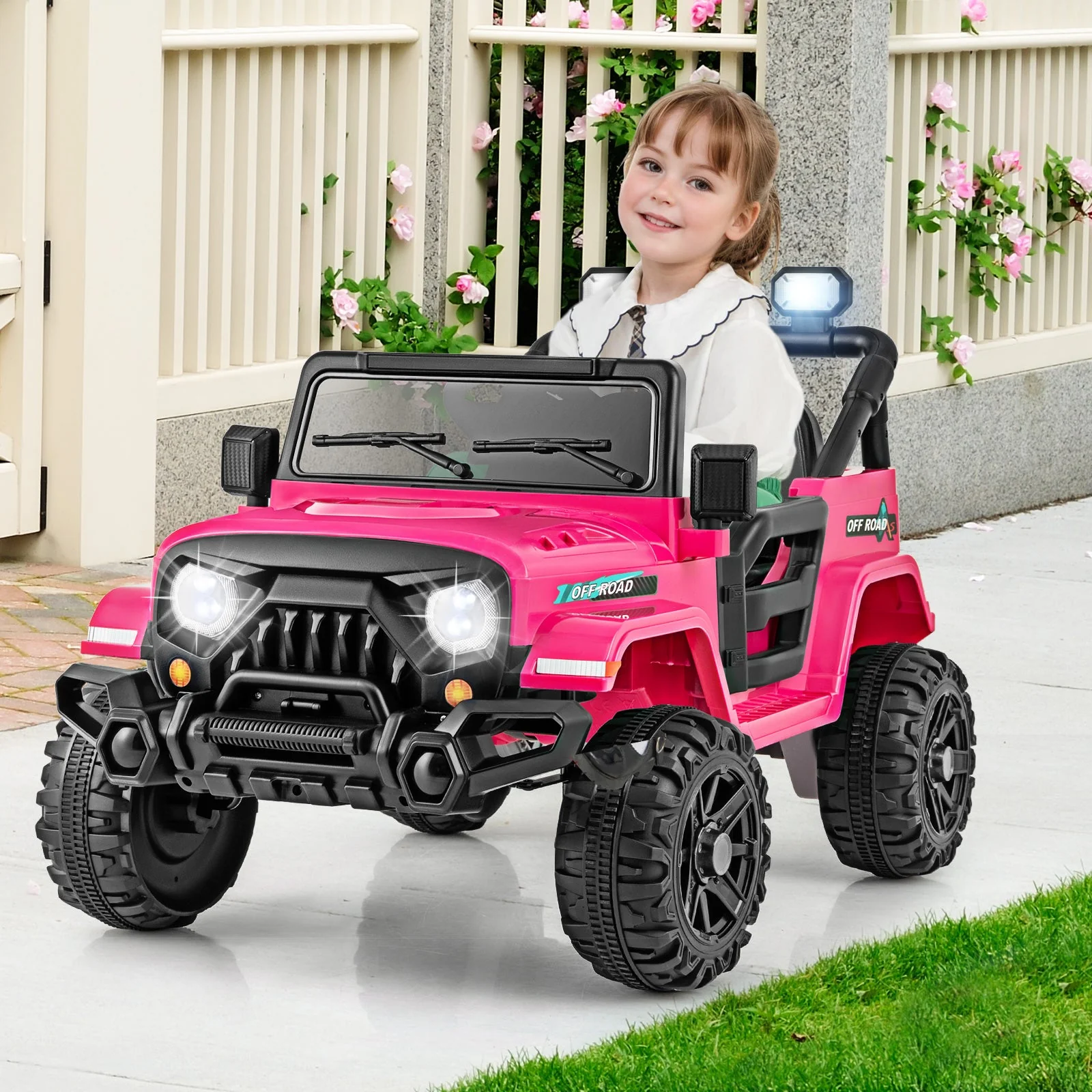 12V Kids Ride on Truck Car with Remote Control Threaded Wheels and 3 Speeds-Pink - Image 2