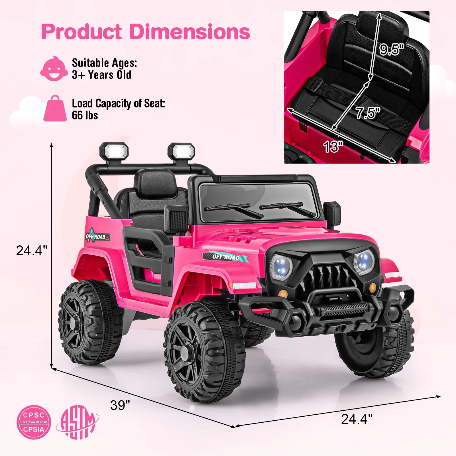 12V Kids Ride on Truck Car with Remote Control Threaded Wheels and 3 Speeds-Pink - Image 5