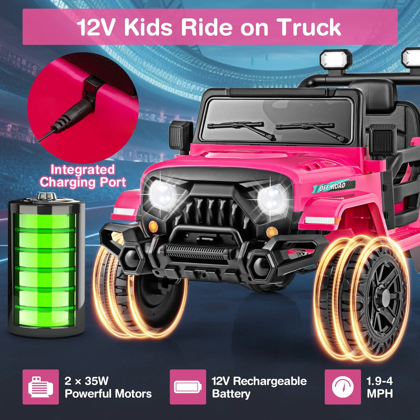 12V Kids Ride on Truck Car with Remote Control Threaded Wheels and 3 Speeds-Pink - Image 8