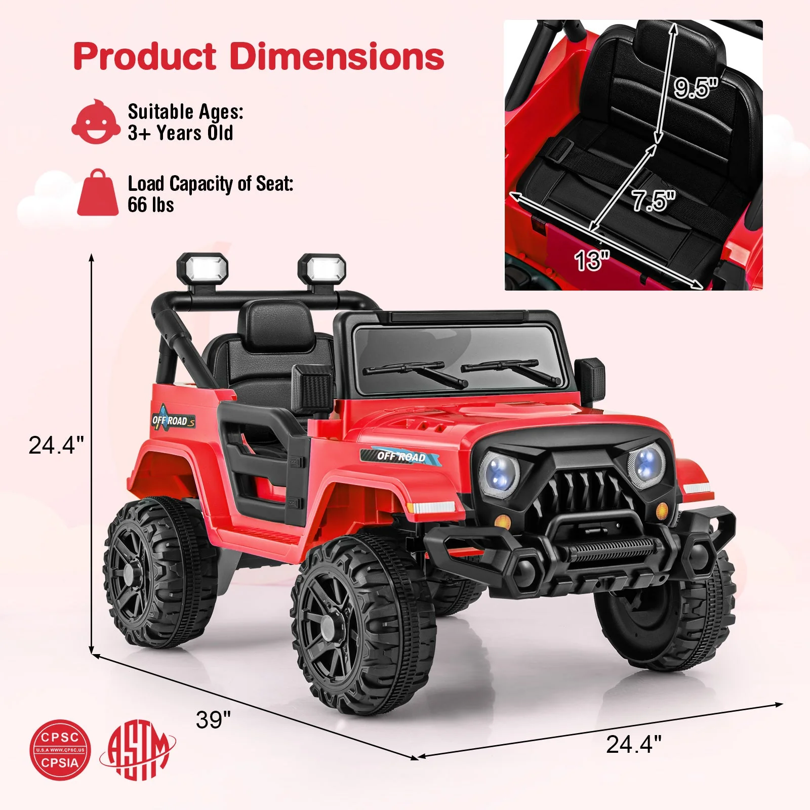 12V Kids Ride on Truck Car with Remote Control Threaded Wheels and 3 Speeds-Red - Image 4