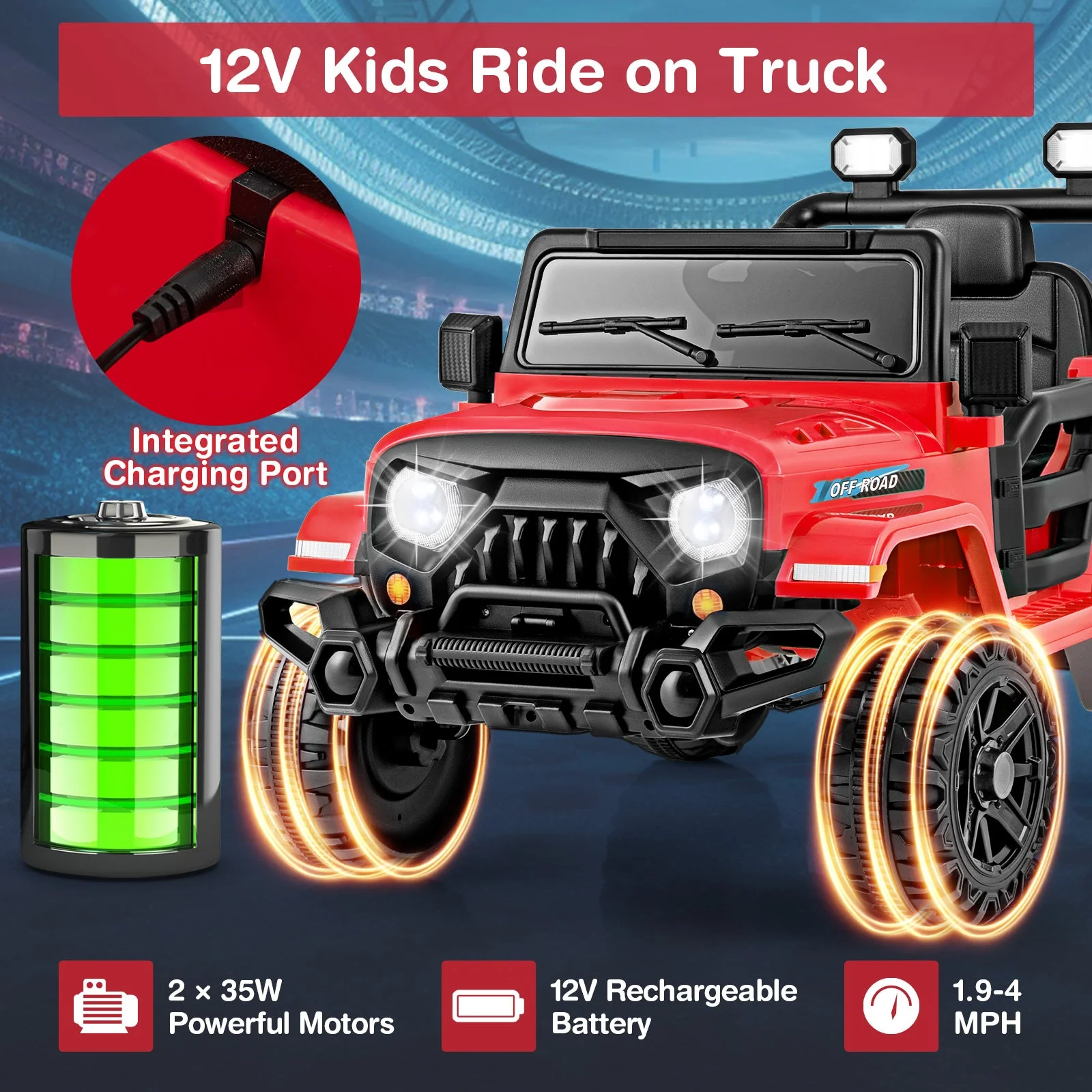 12V Kids Ride on Truck Car with Remote Control Threaded Wheels and 3 Speeds-Red - Image 7