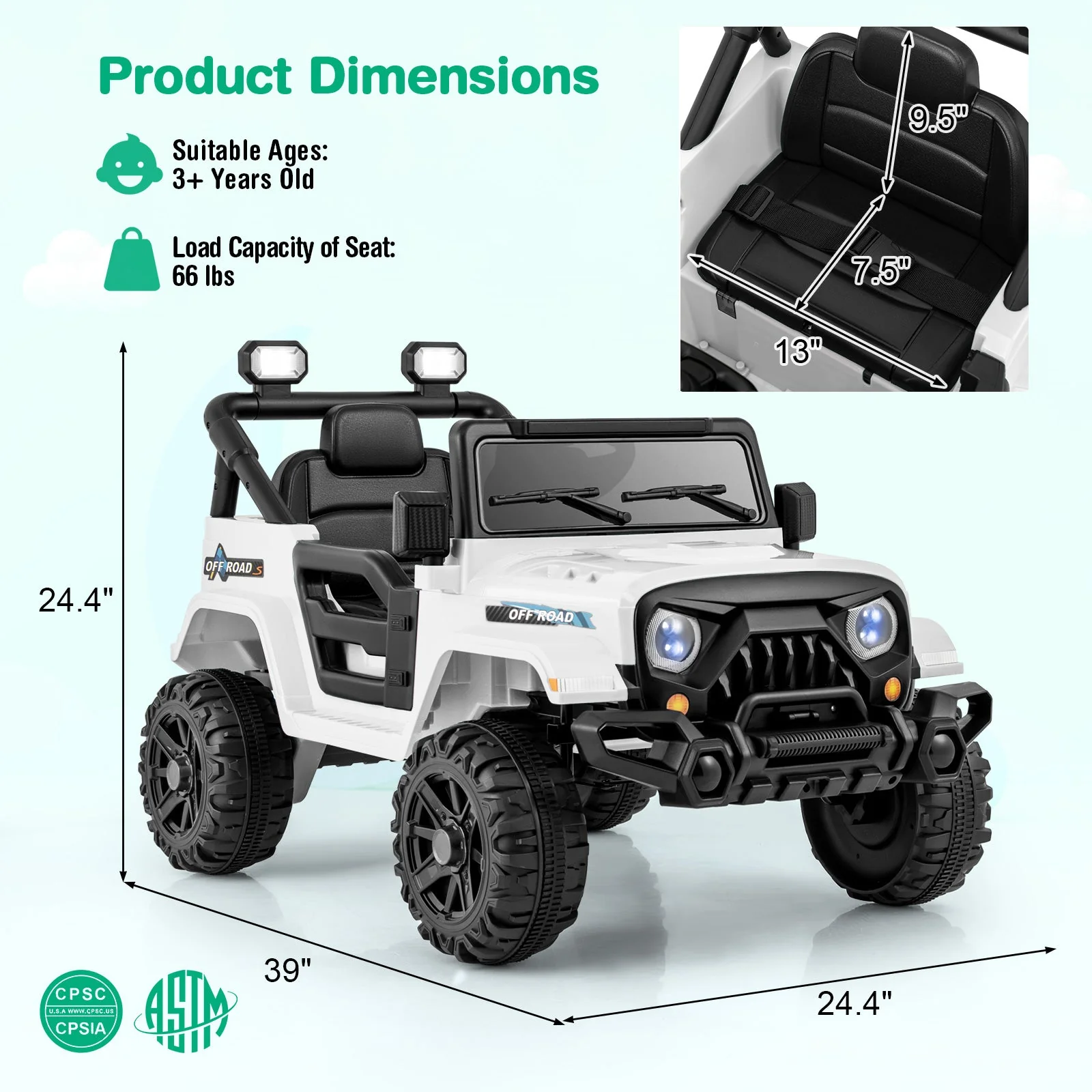 12V Kids Ride on Truck Car with Remote Control Threaded Wheels and 3 Speeds-White - Image 4