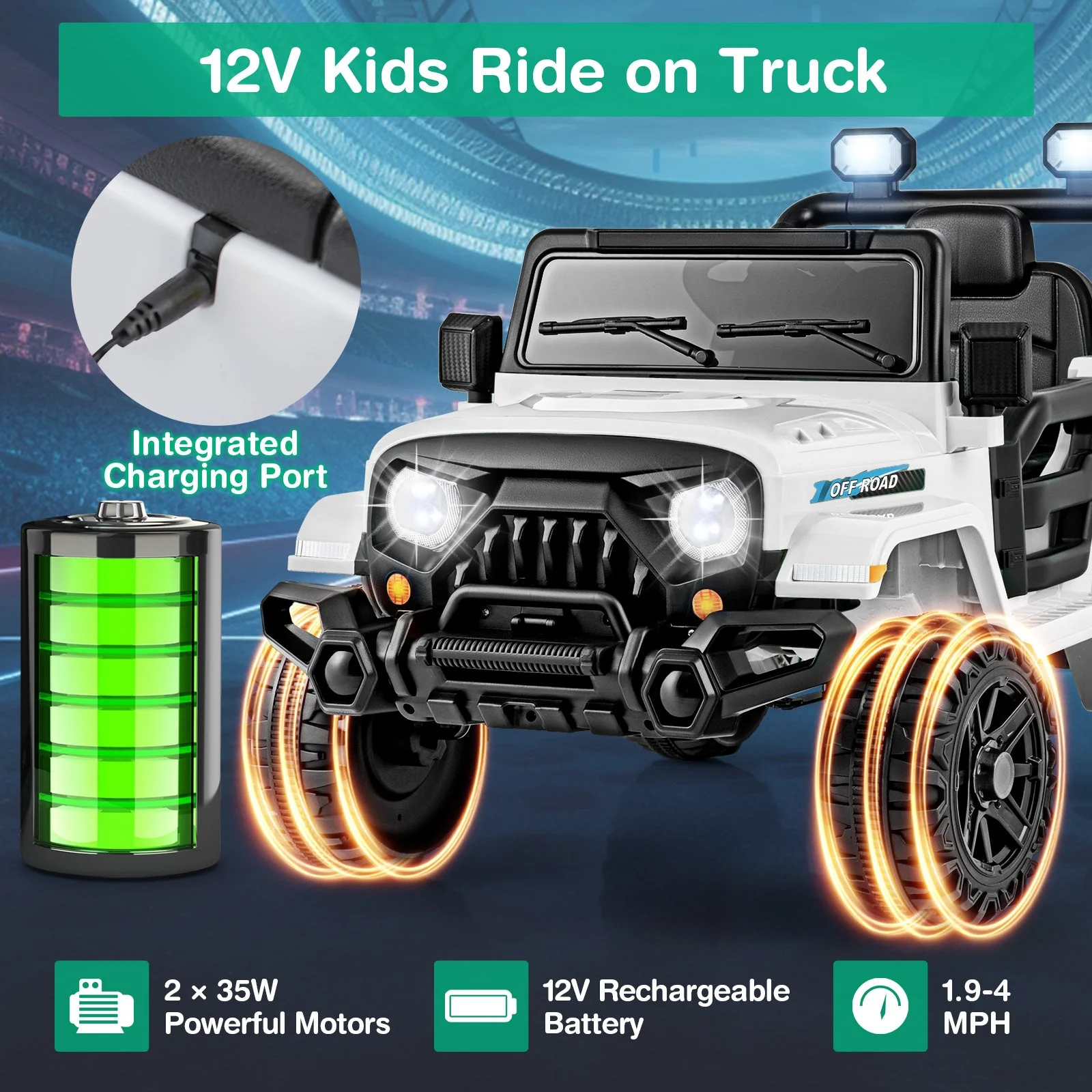 12V Kids Ride on Truck Car with Remote Control Threaded Wheels and 3 Speeds-White - Image 7
