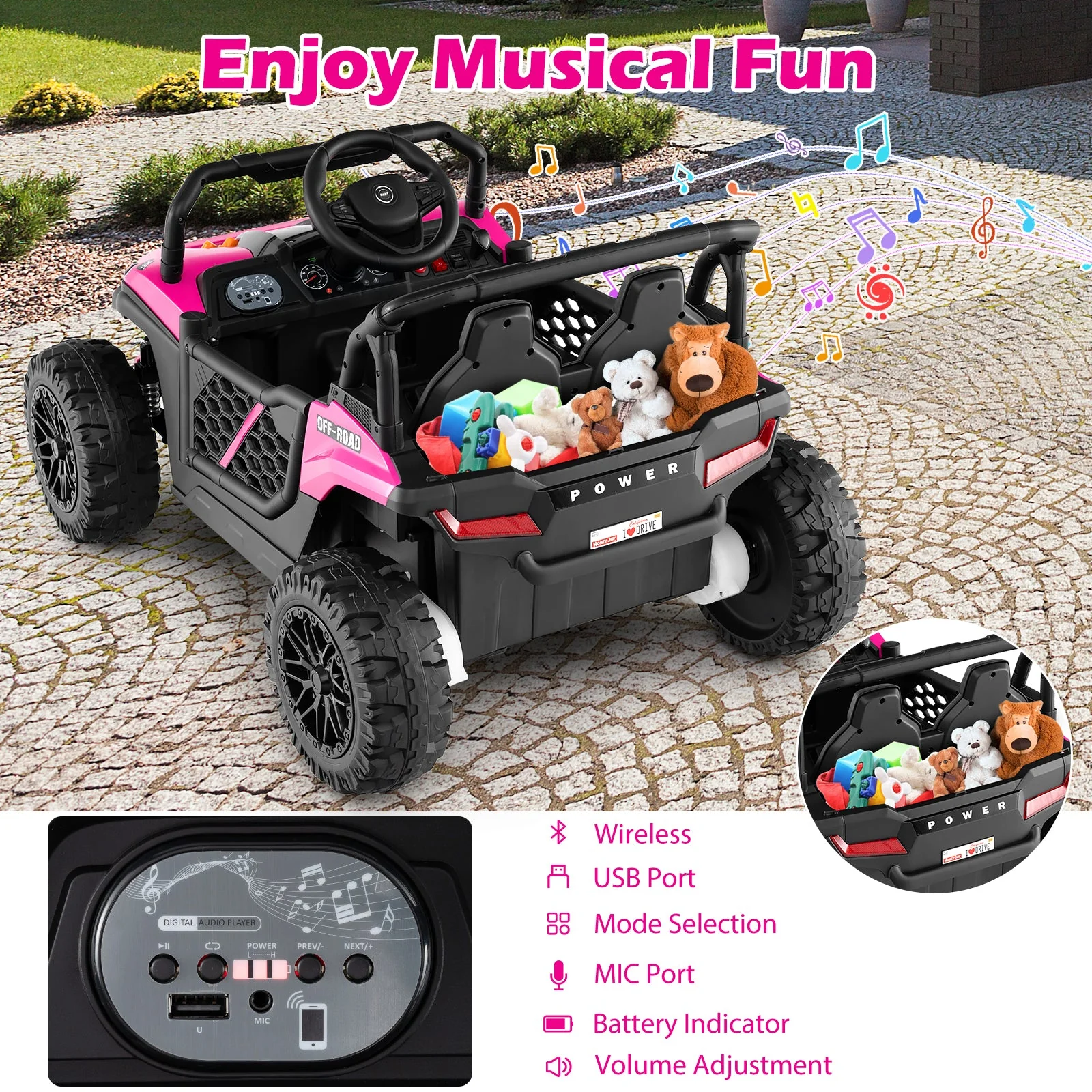 12V Kids Ride on Truck Off-Road UTV with Parental Remote and Lights-Pink - Image 8