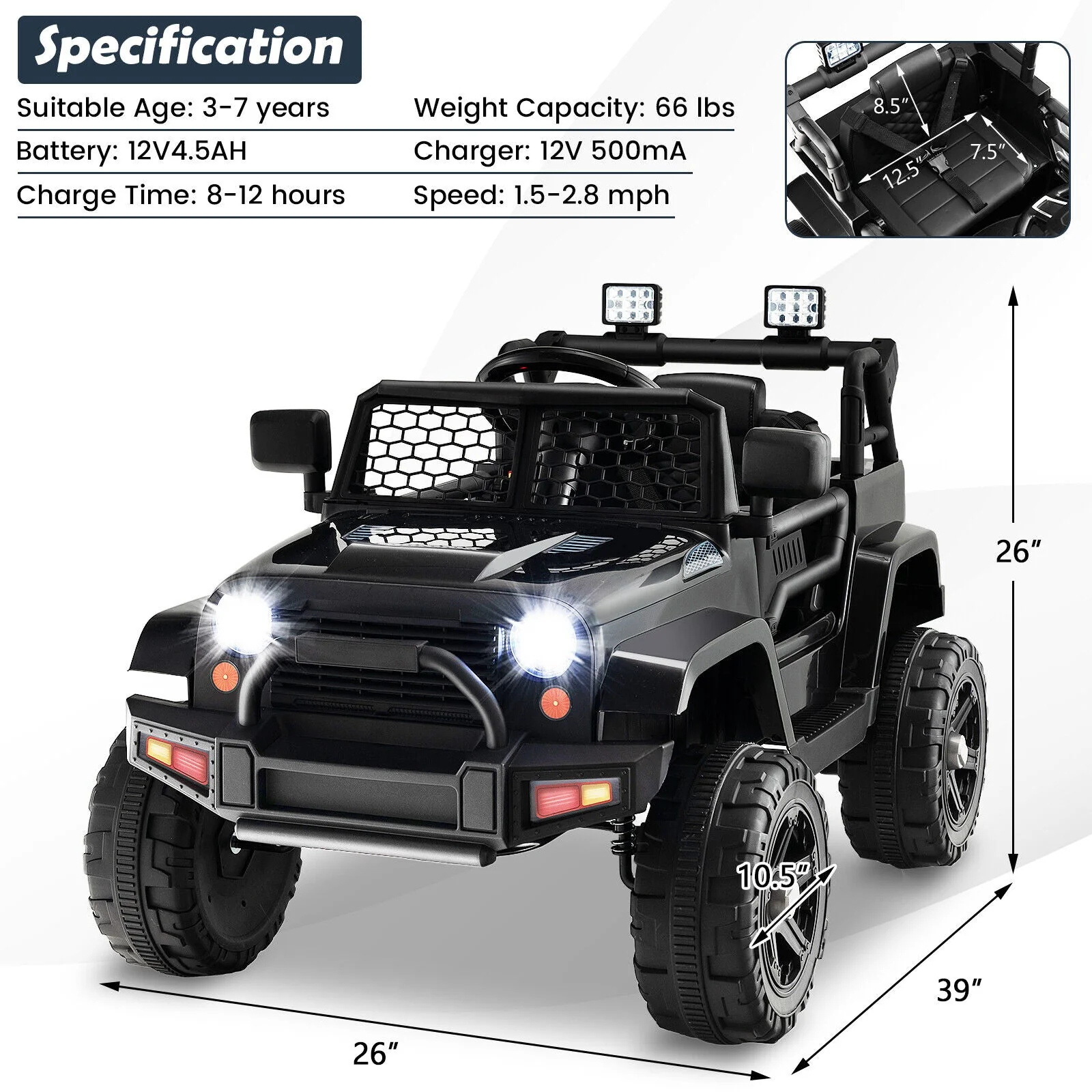 12V Kids Ride On Truck with Remote Control and Headlights-Black - Image 4