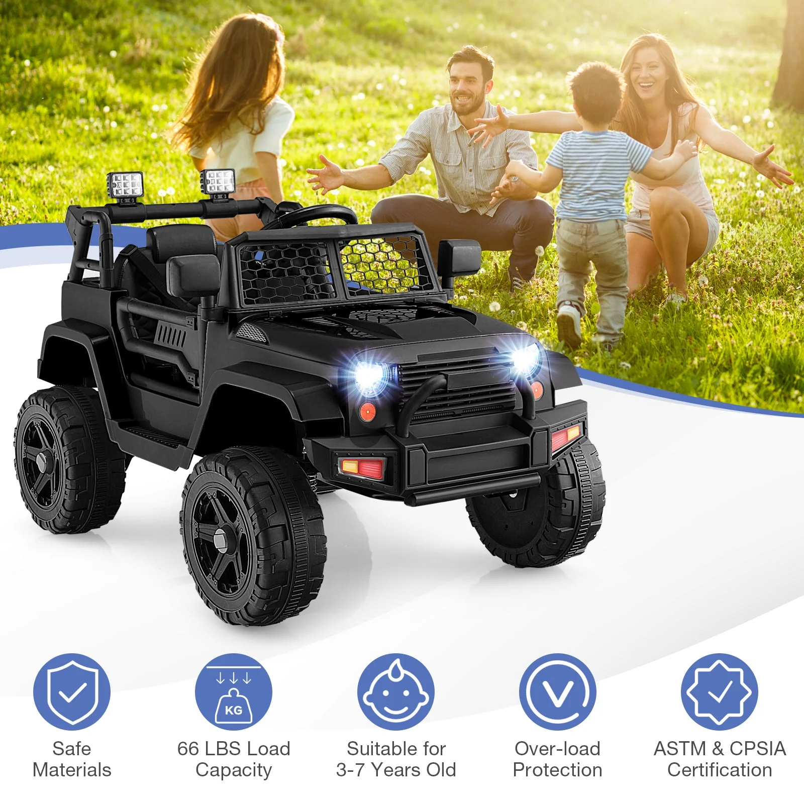 12V Kids Ride On Truck with Remote Control and Headlights-Black - Image 5