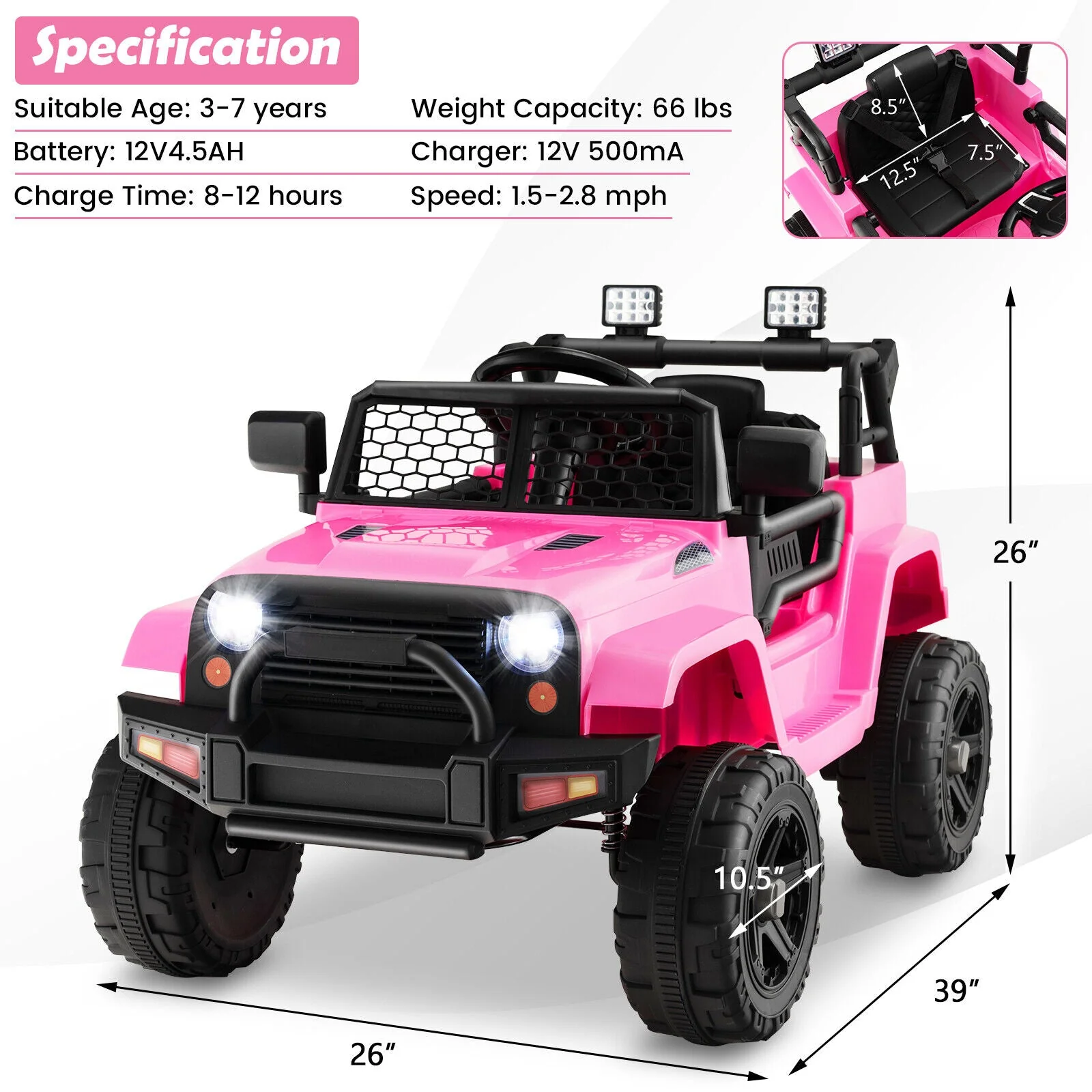 12V Kids Ride On Truck with Remote Control and Headlights-Pink - Image 4