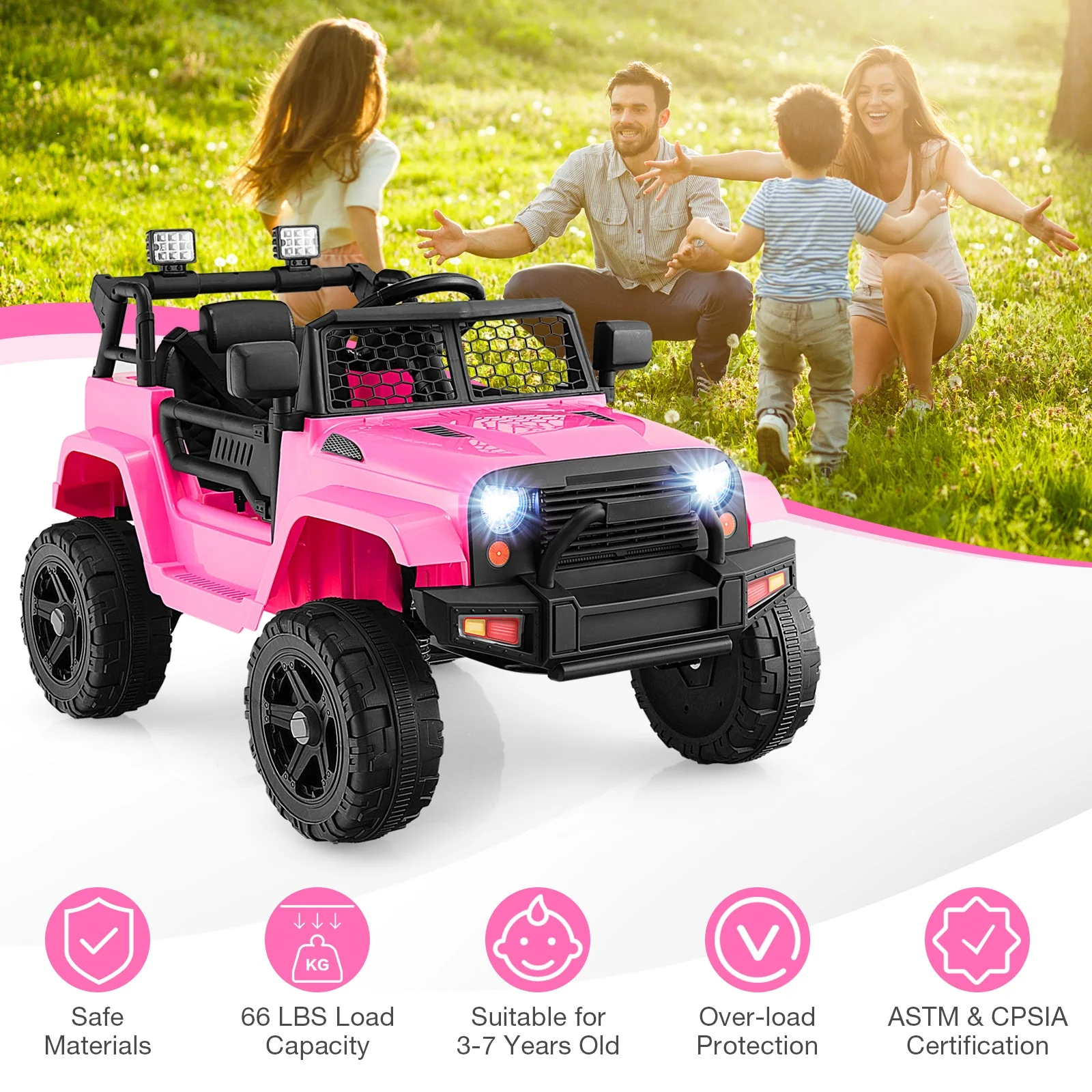 12V Kids Ride On Truck with Remote Control and Headlights-Pink - Image 5