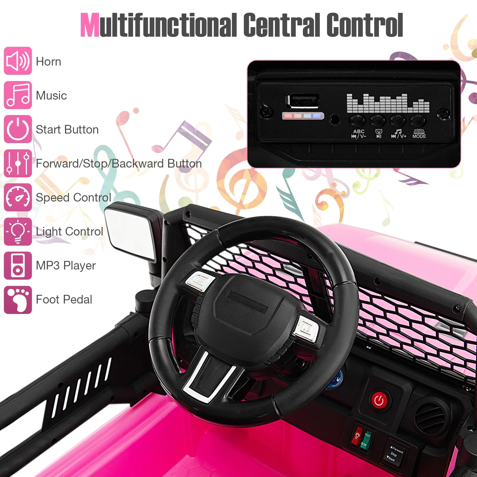 12V Kids Ride On Truck with Remote Control and Headlights-Pink - Image 6