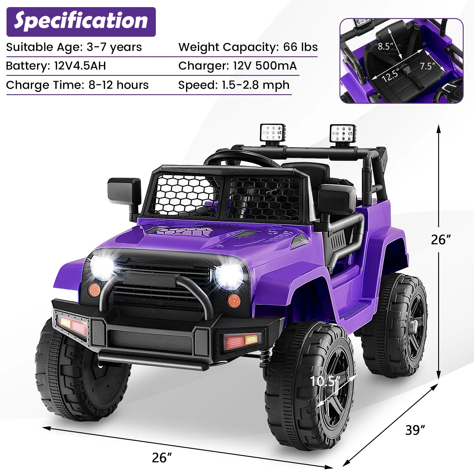 12V Kids Ride On Truck with Remote Control and Headlights-Purple - Image 4