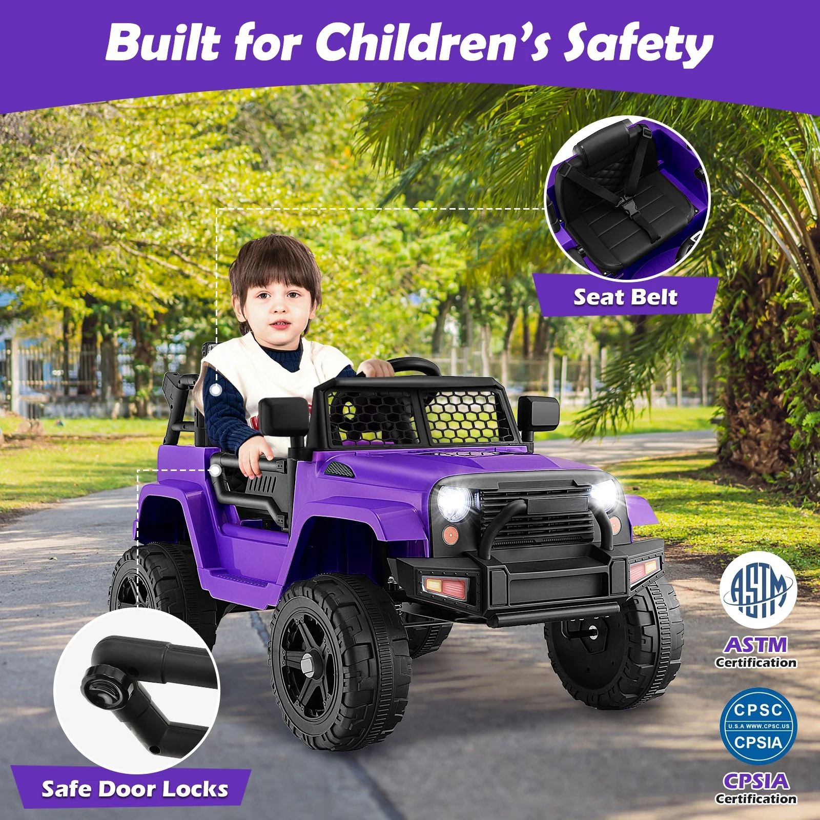 12V Kids Ride On Truck with Remote Control and Headlights-Purple - Image 6