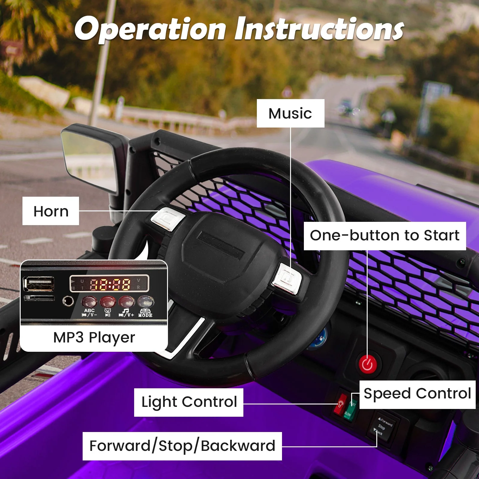 12V Kids Ride On Truck with Remote Control and Headlights-Purple - Image 7