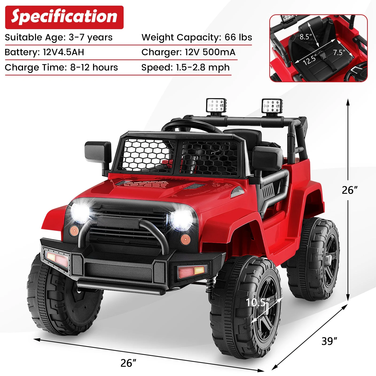 12V Kids Ride On Truck with Remote Control and Headlights-Red - Image 5