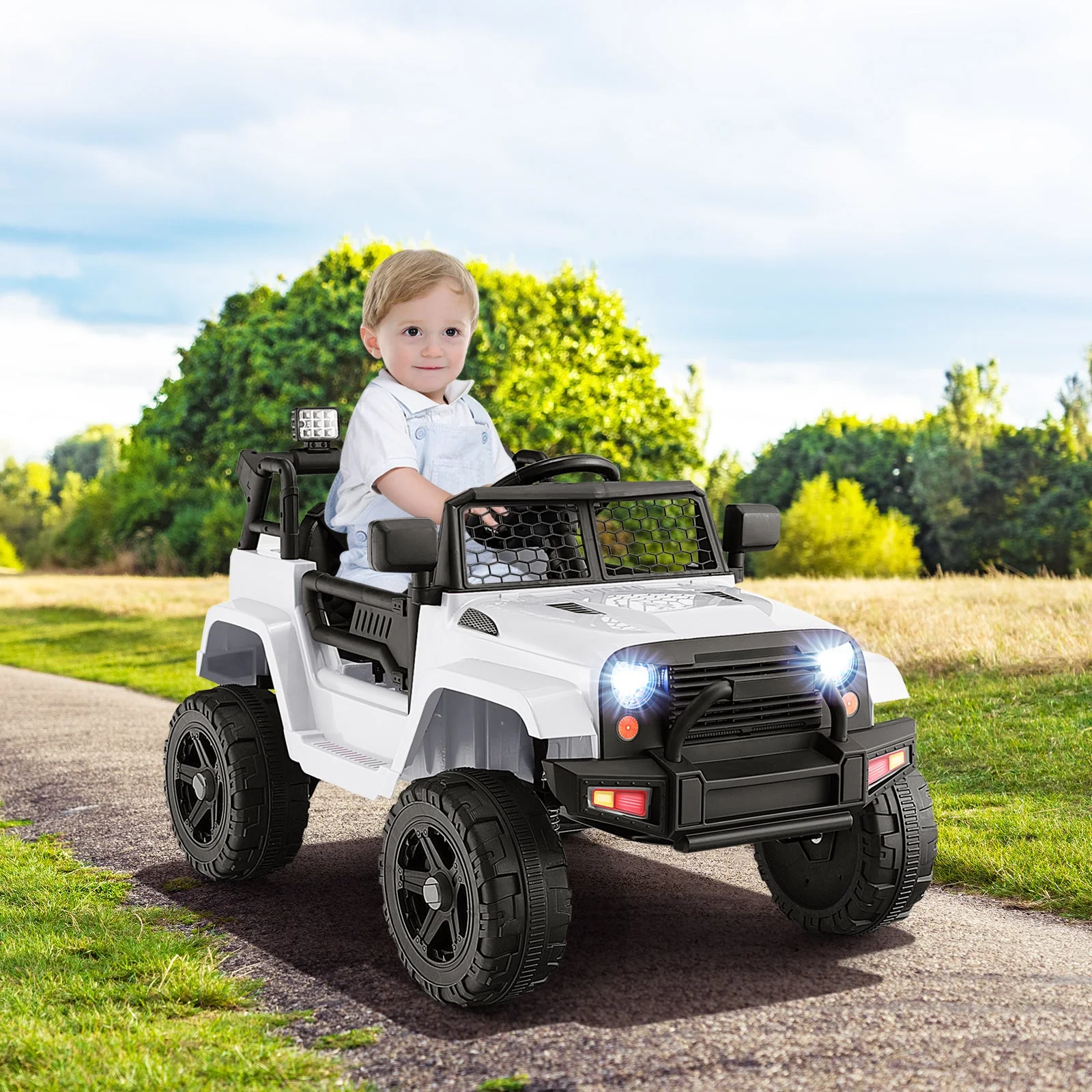 12V Kids Ride On Truck with Remote Control and Headlights-White - Image 2