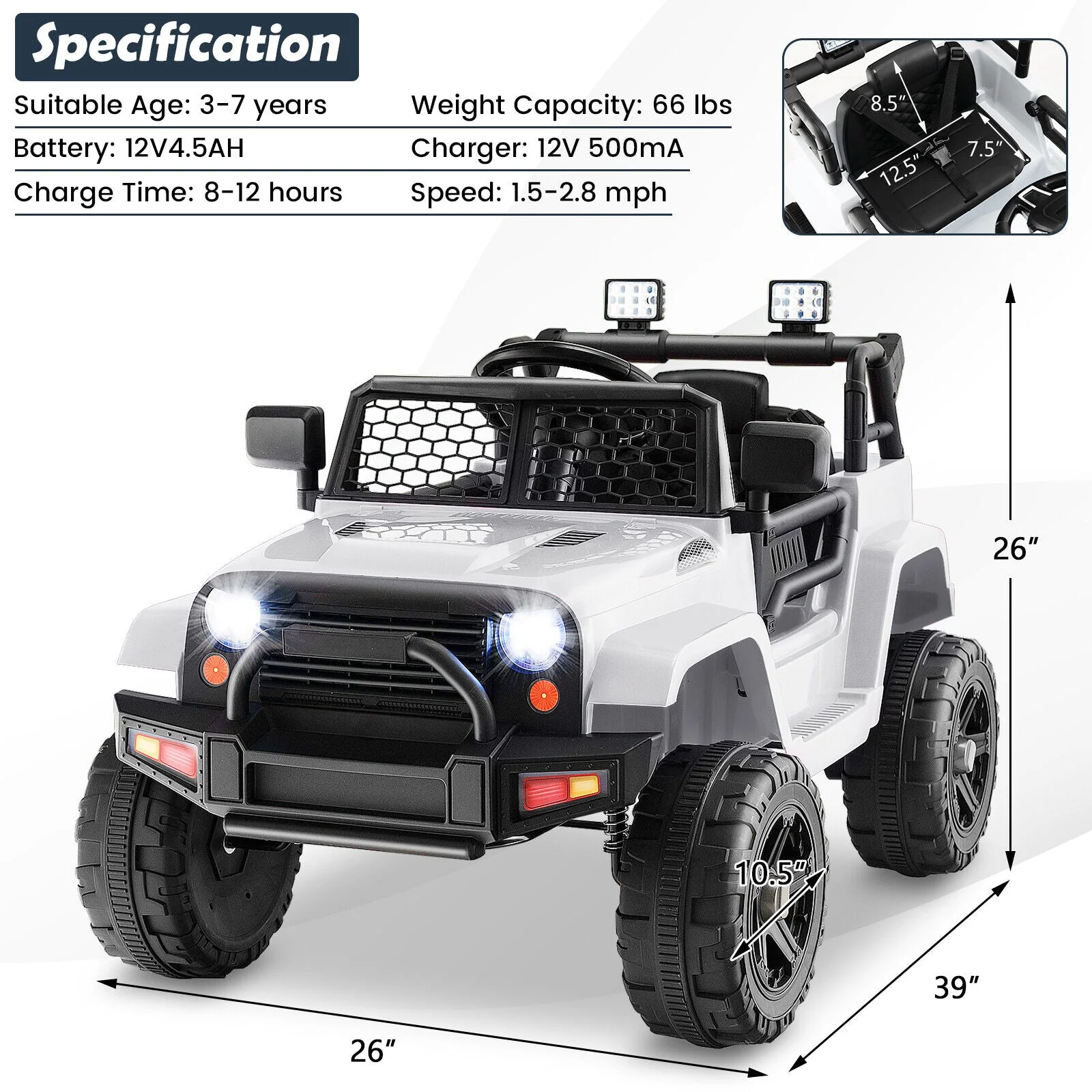 12V Kids Ride On Truck with Remote Control and Headlights-White - Image 4