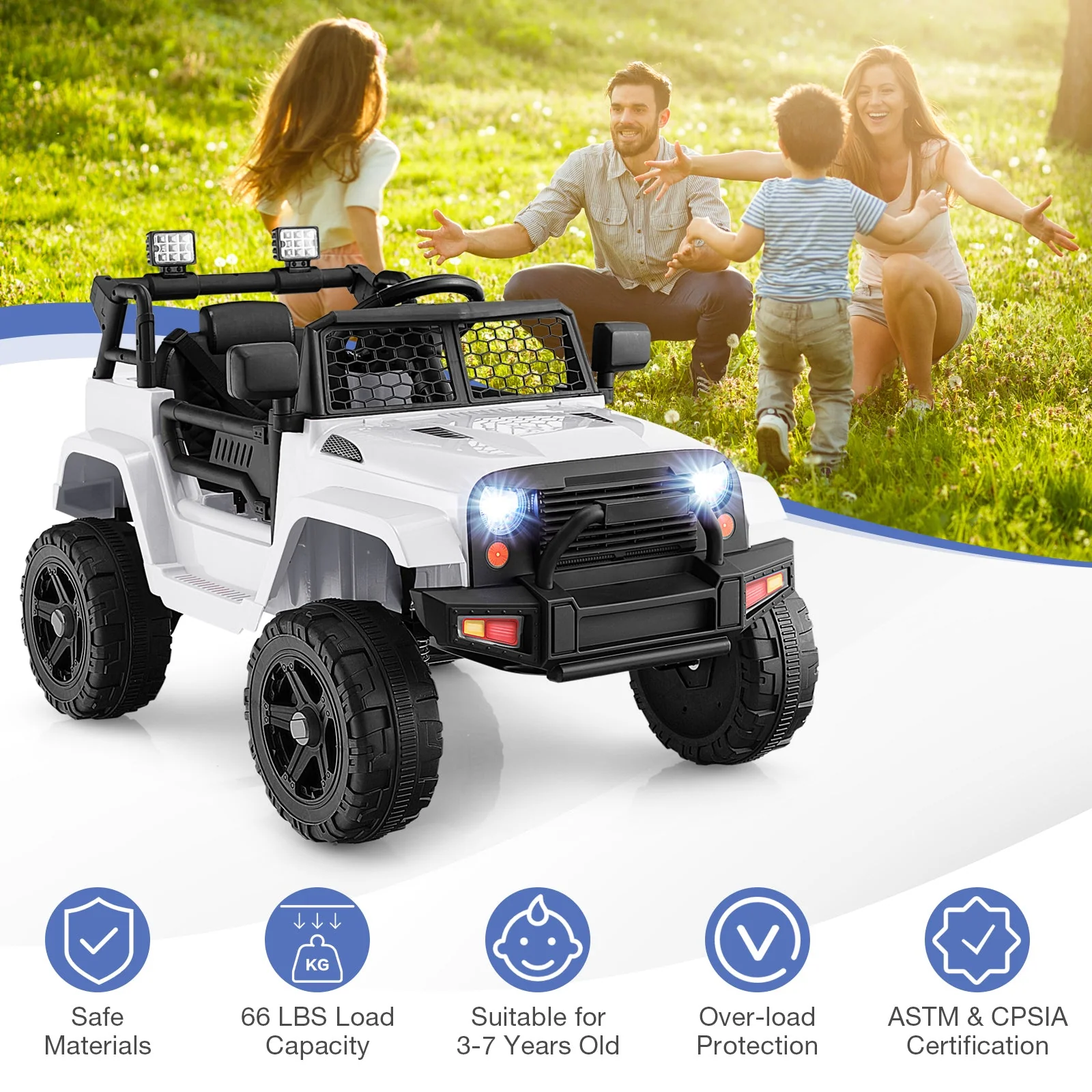 12V Kids Ride On Truck with Remote Control and Headlights-White - Image 5