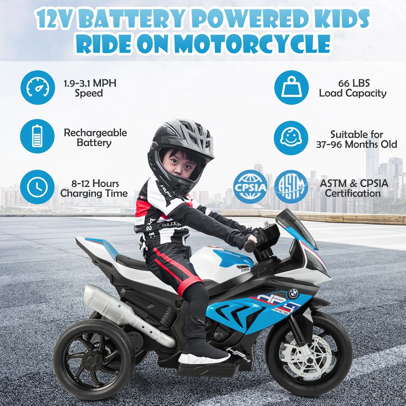 12V Licensed BMW Kids Motorcycle Ride-On Toy for 37-96 Months Old Kids-Blue - Image 5