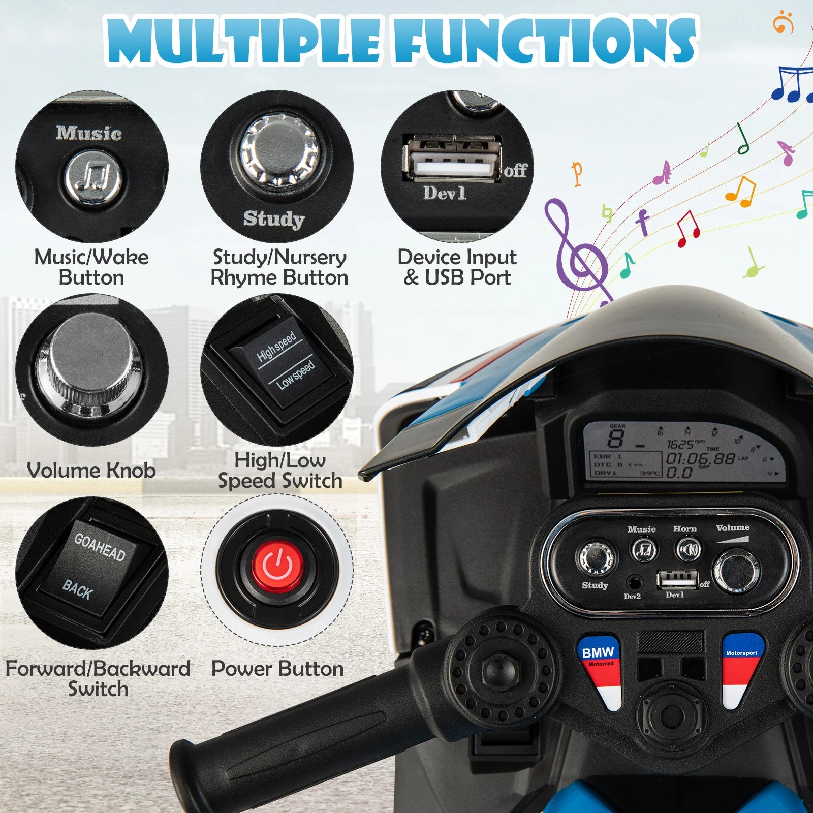12V Licensed BMW Kids Motorcycle Ride-On Toy for 37-96 Months Old Kids-Blue - Image 7