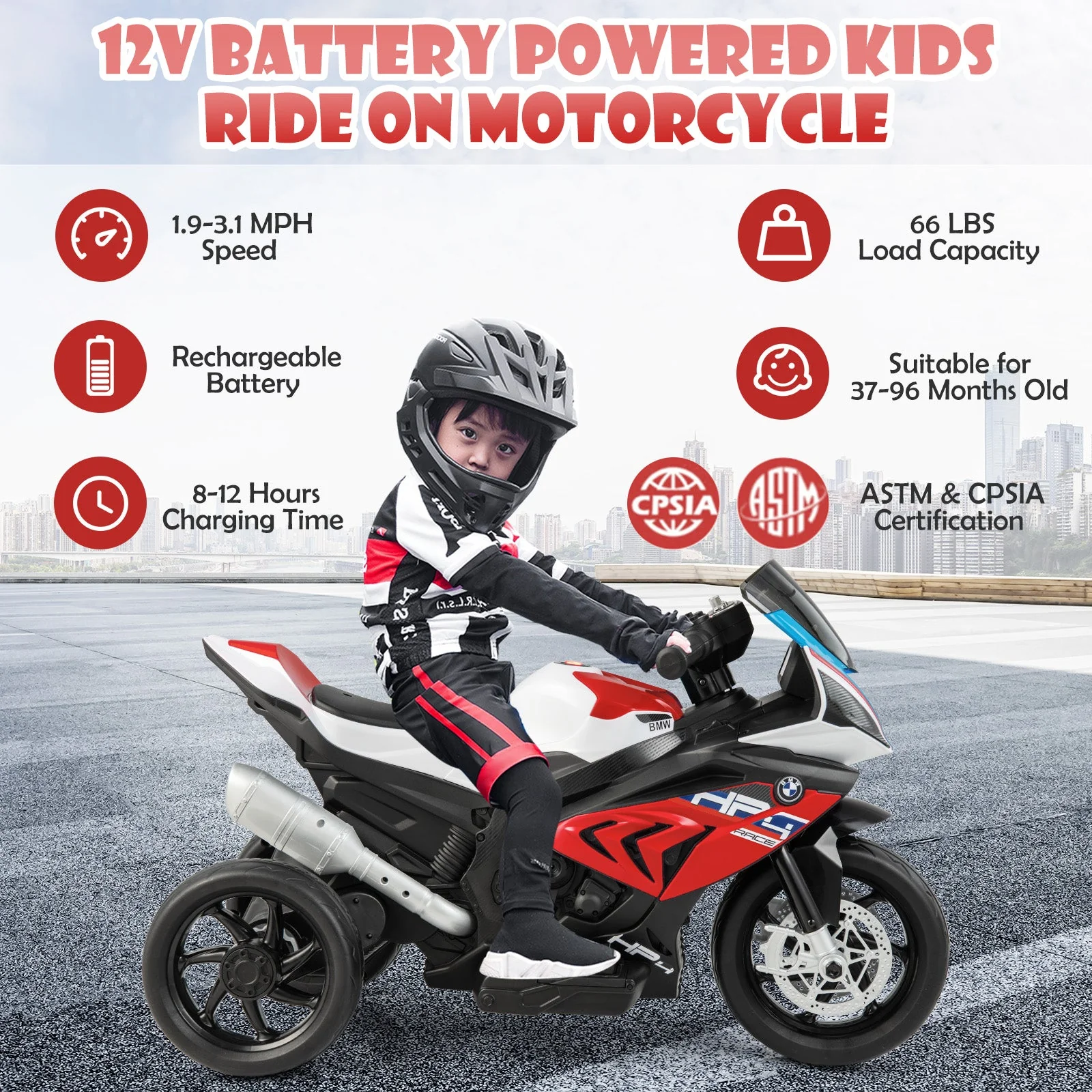 12V Licensed BMW Kids Motorcycle Ride-On Toy for 37-96 Months Old Kids-Red - Image 6