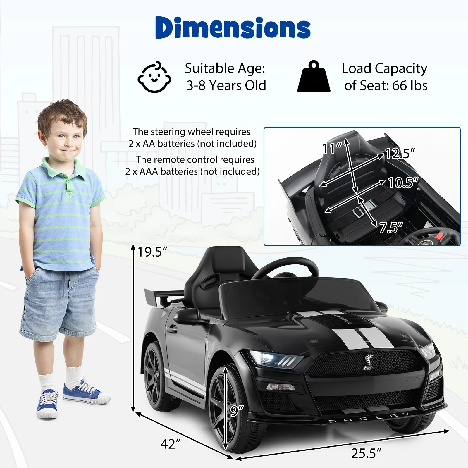 12V Licensed Ford Mustang Shelby GT500 Kids Ride on Car with Remote Control for Kids Aged 3-8-Black - Image 5