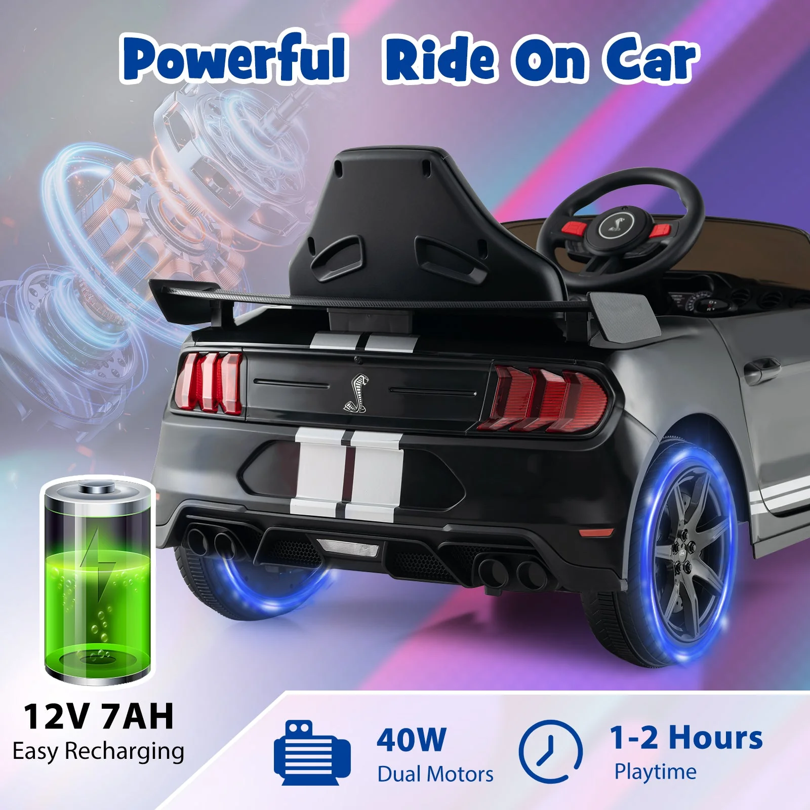 12V Licensed Ford Mustang Shelby GT500 Kids Ride on Car with Remote Control for Kids Aged 3-8-Black - Image 8