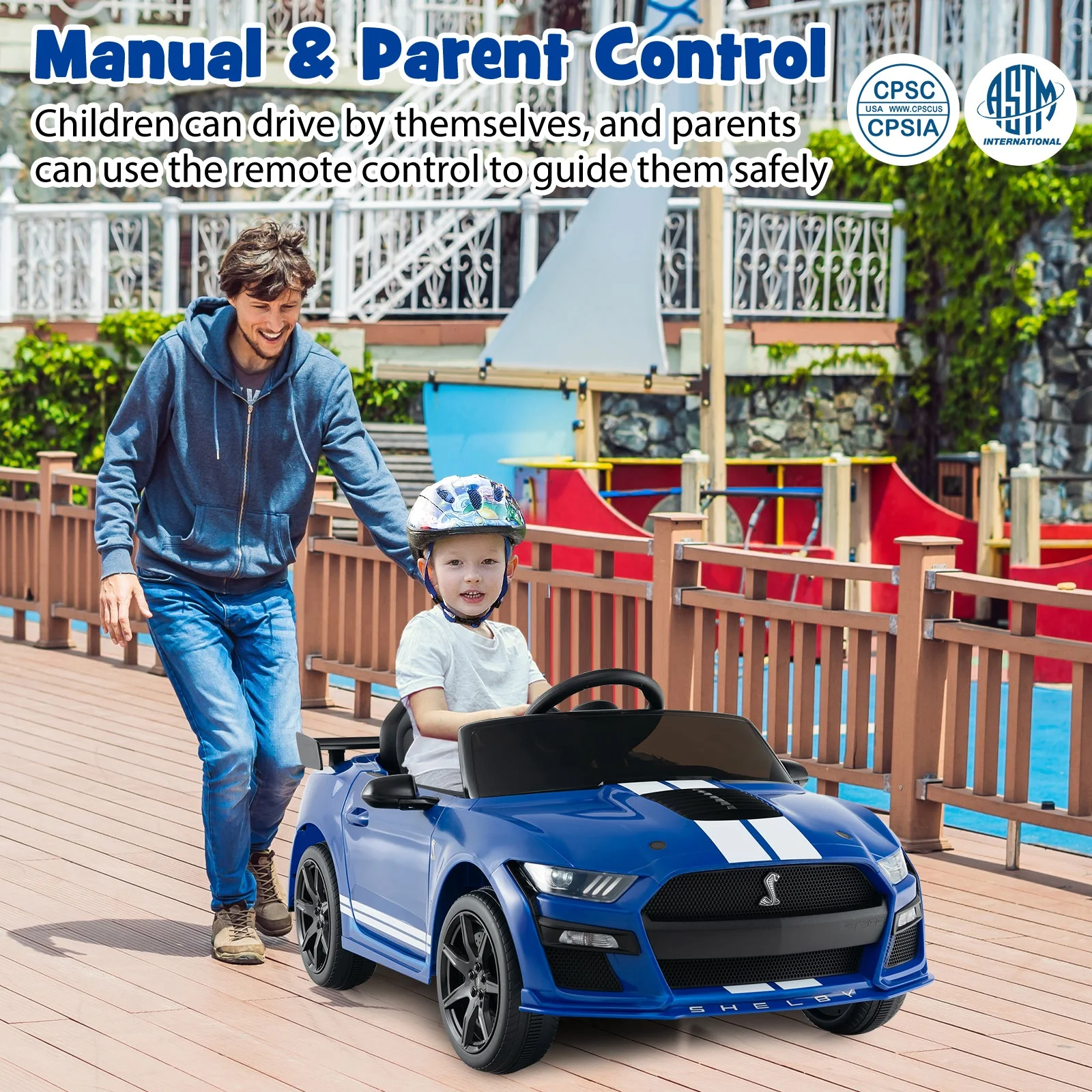 12V Licensed Ford Mustang Shelby GT500 Kids Ride on Car with Remote Control for Kids Aged 3-8-Blue - Image 2
