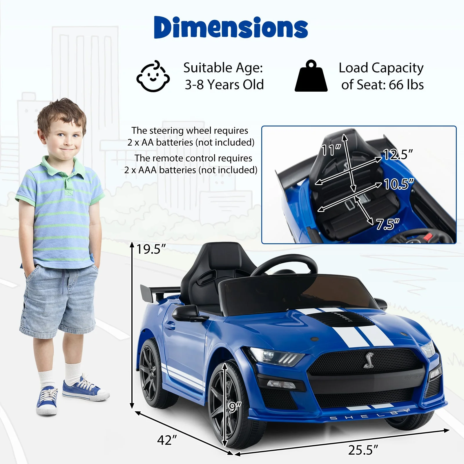 12V Licensed Ford Mustang Shelby GT500 Kids Ride on Car with Remote Control for Kids Aged 3-8-Blue - Image 5