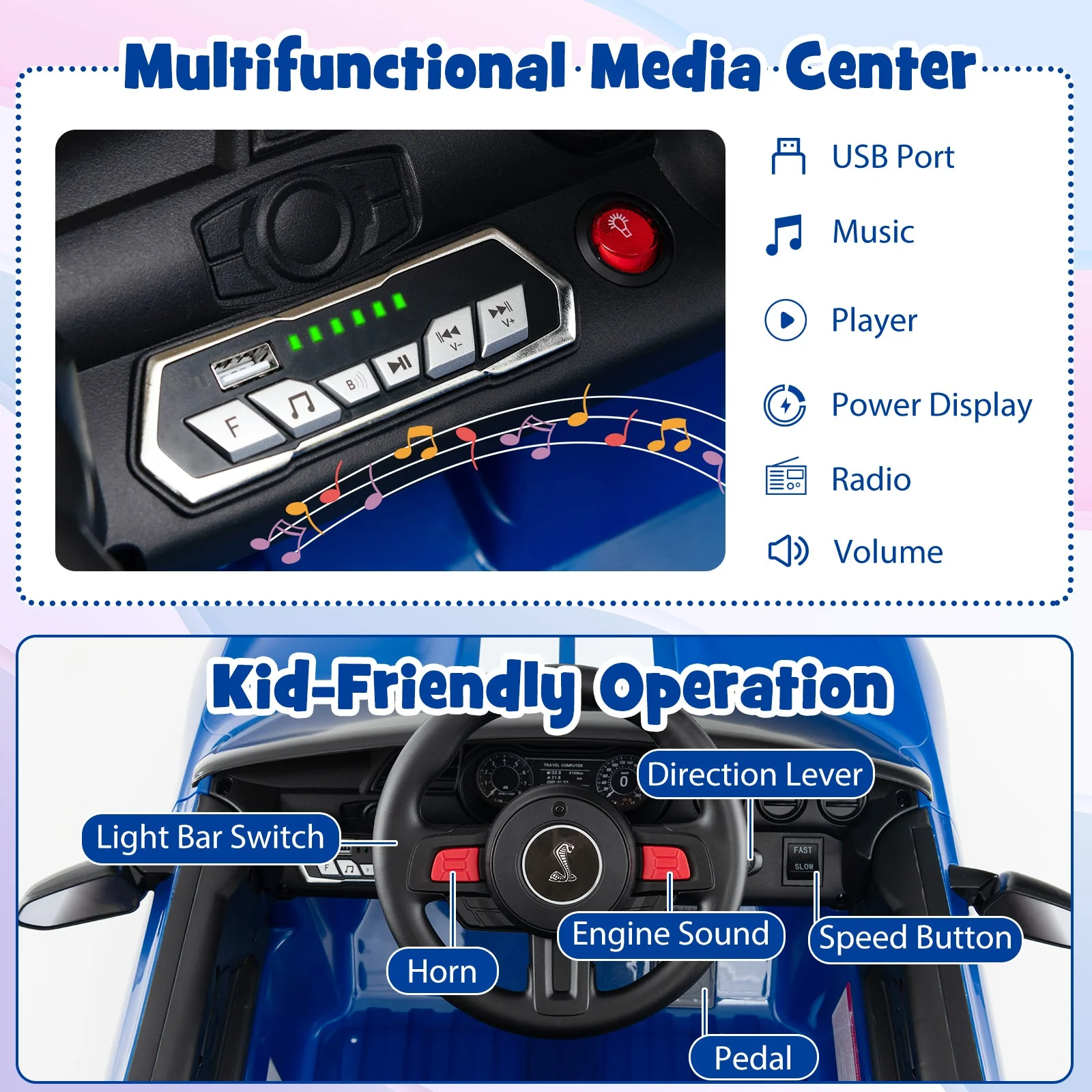 12V Licensed Ford Mustang Shelby GT500 Kids Ride on Car with Remote Control for Kids Aged 3-8-Blue - Image 6
