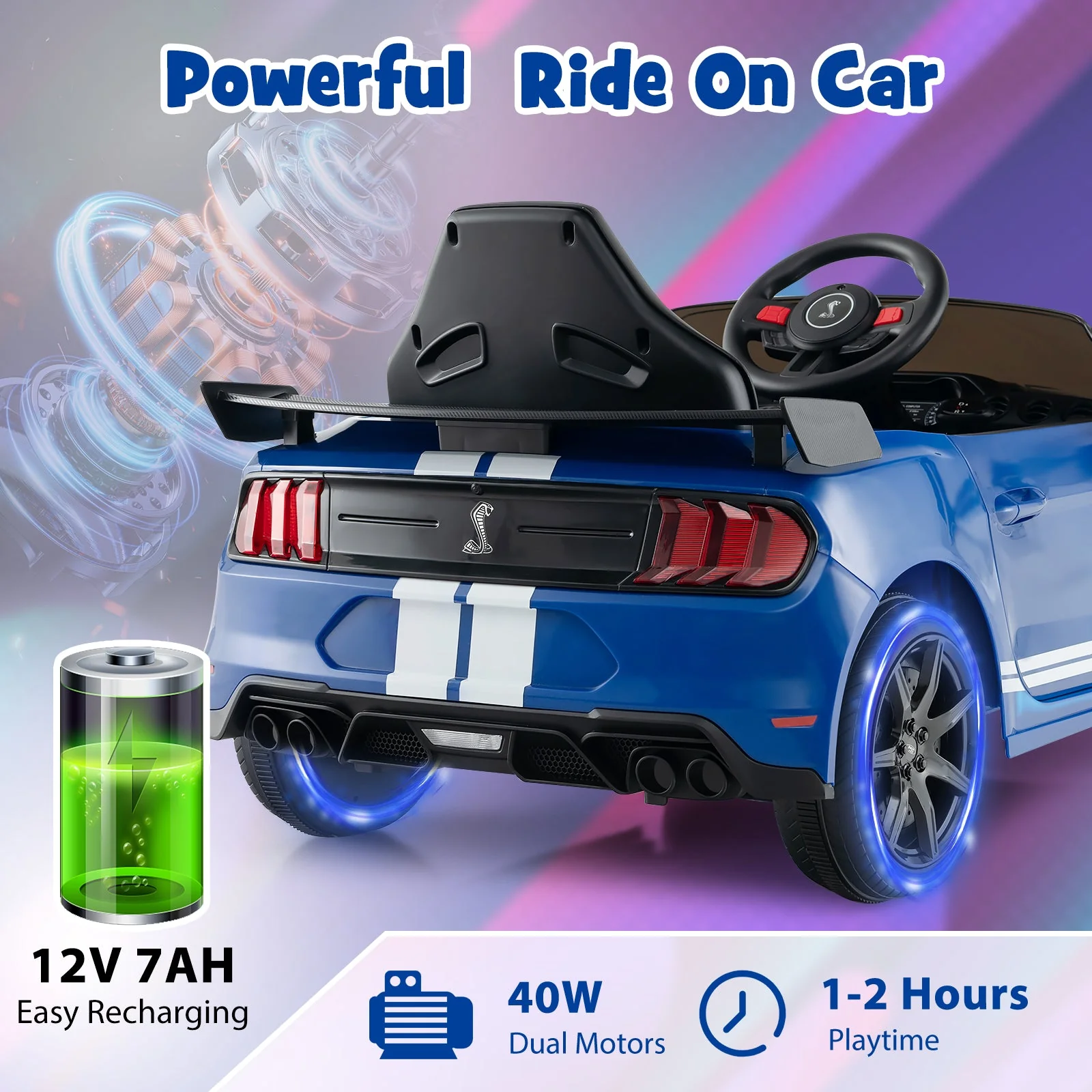 12V Licensed Ford Mustang Shelby GT500 Kids Ride on Car with Remote Control for Kids Aged 3-8-Blue - Image 8