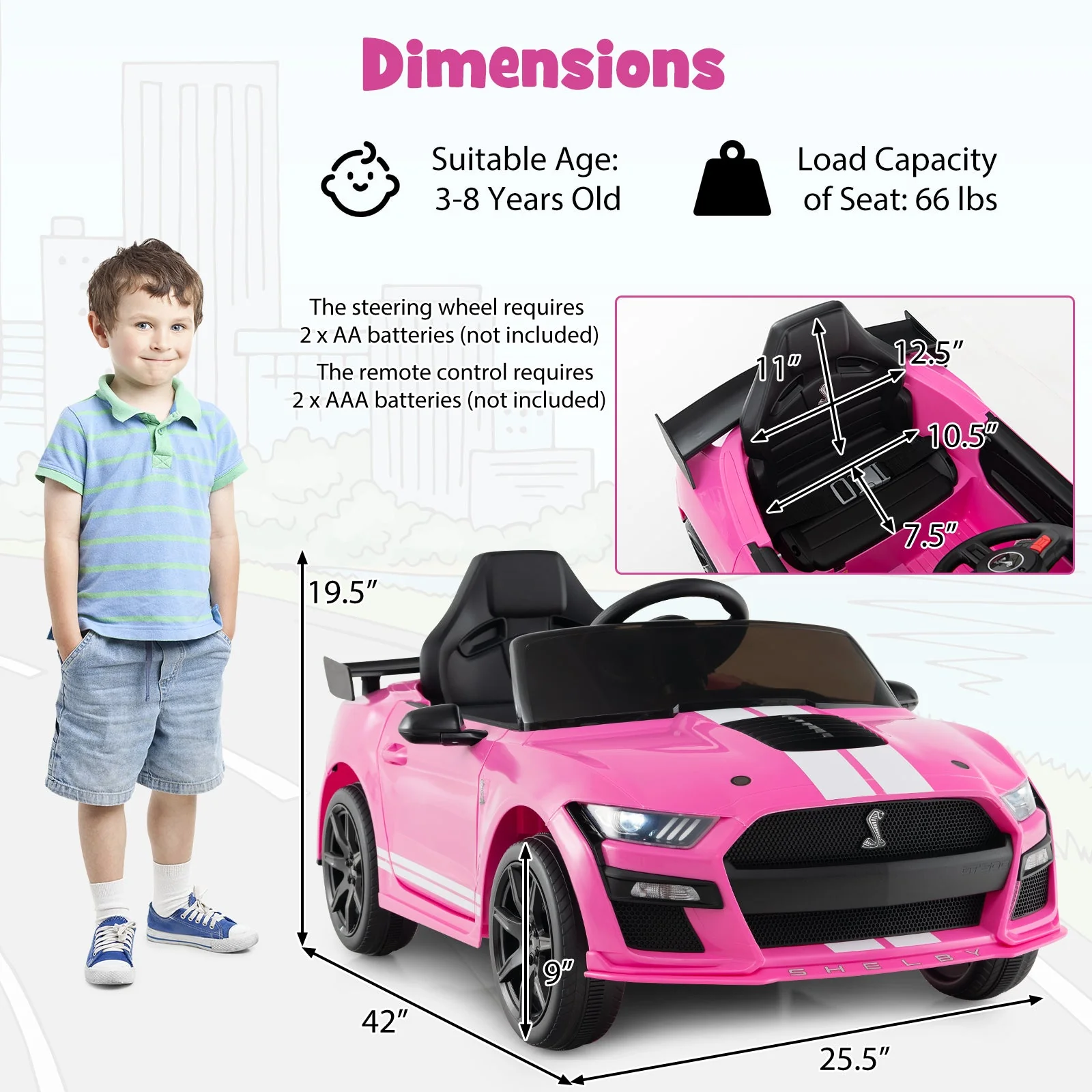 12V Licensed Ford Mustang Shelby GT500 Kids Ride on Car with Remote Control for Kids Aged 3-8-Pink - Image 5