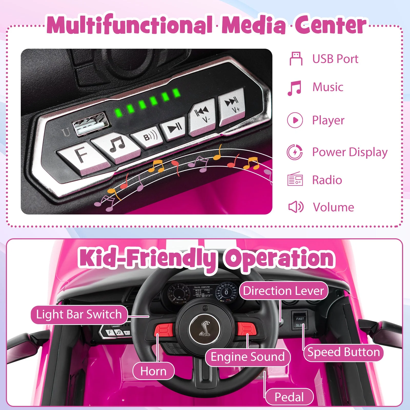 12V Licensed Ford Mustang Shelby GT500 Kids Ride on Car with Remote Control for Kids Aged 3-8-Pink - Image 6