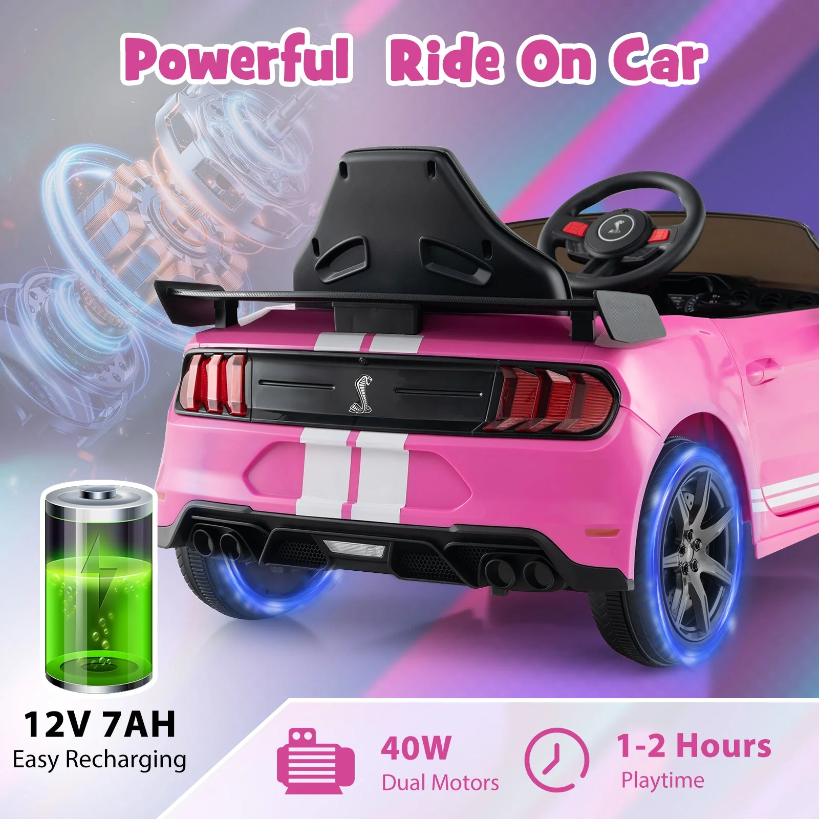 12V Licensed Ford Mustang Shelby GT500 Kids Ride on Car with Remote Control for Kids Aged 3-8-Pink - Image 8