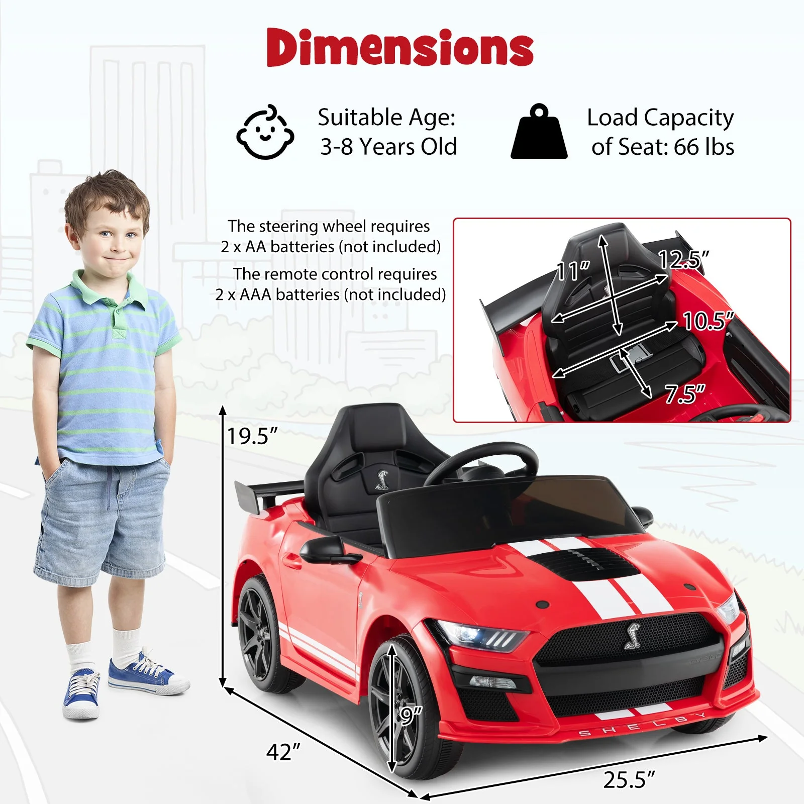 12V Licensed Ford Mustang Shelby GT500 Kids Ride on Car with Remote Control for Kids Aged 3-8-Red - Image 5