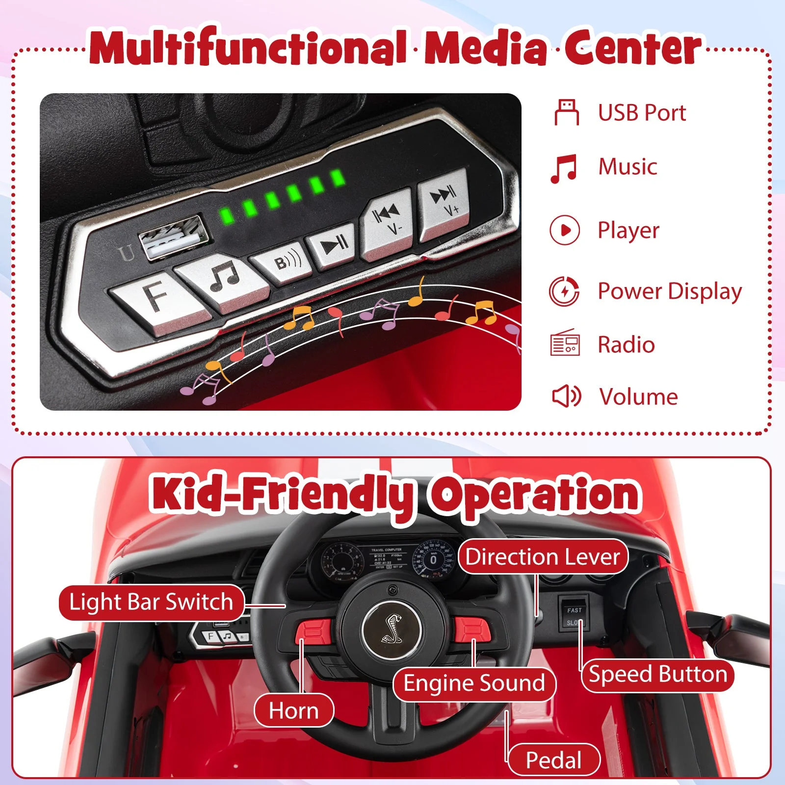 12V Licensed Ford Mustang Shelby GT500 Kids Ride on Car with Remote Control for Kids Aged 3-8-Red - Image 6
