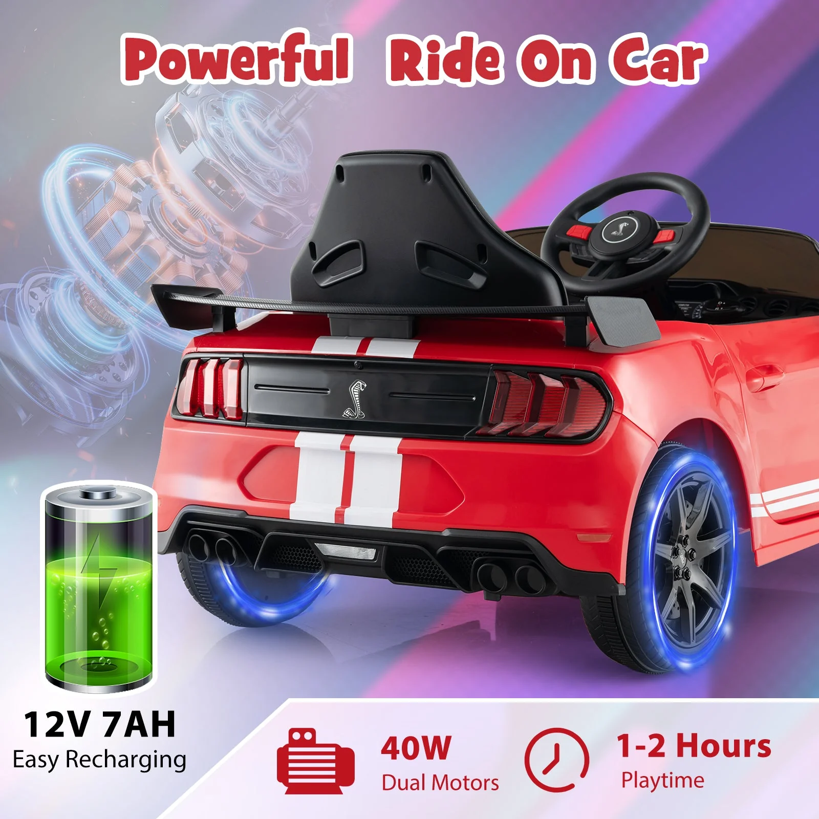 12V Licensed Ford Mustang Shelby GT500 Kids Ride on Car with Remote Control for Kids Aged 3-8-Red - Image 8