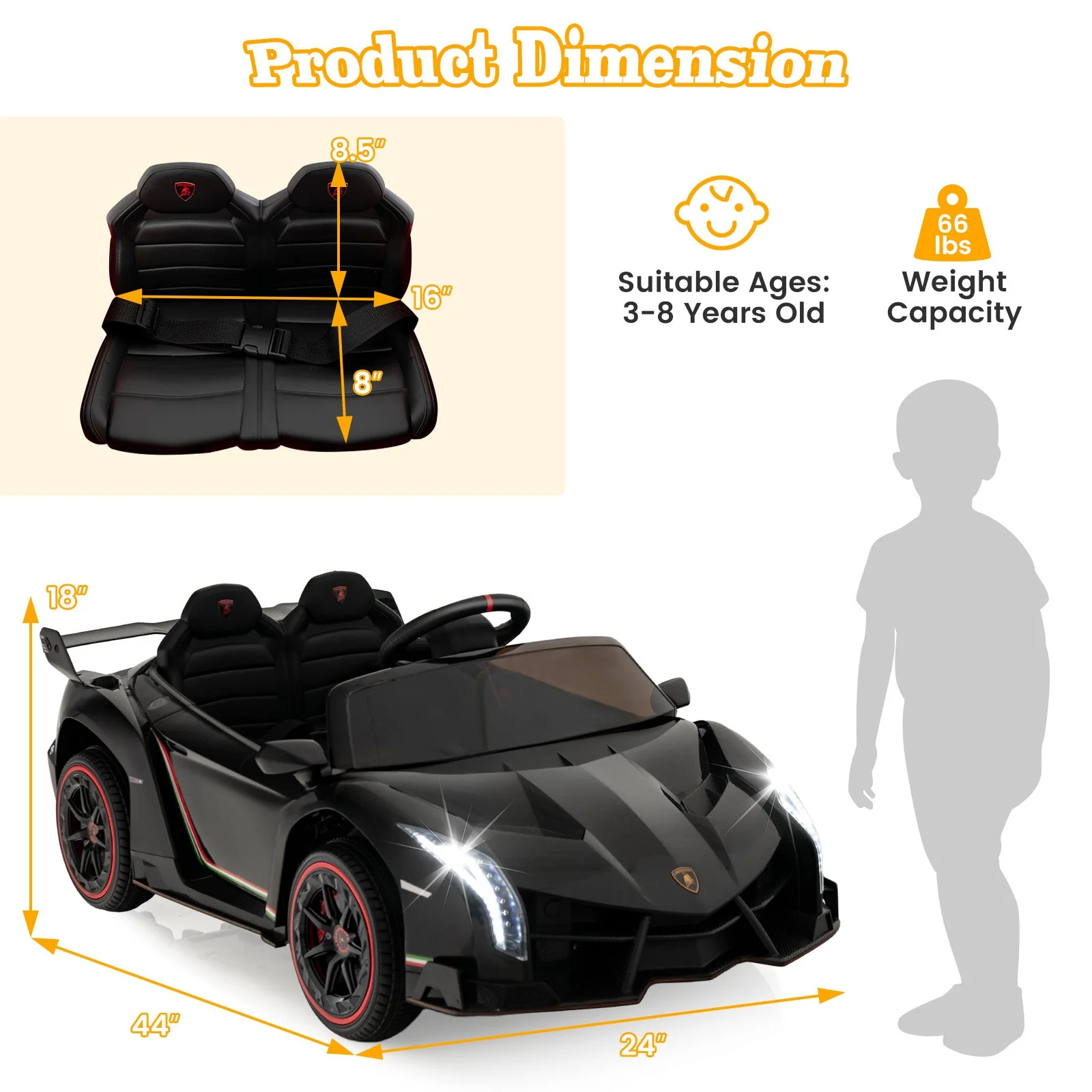 12V Licensed Lamborghini 4WD Kids Ride-on Sports Car with 2.4G Remote-Black - Image 4